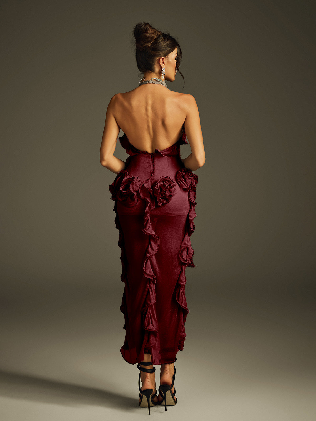 Haeris Halterneck Flower Mesh Midi Dress In Wine