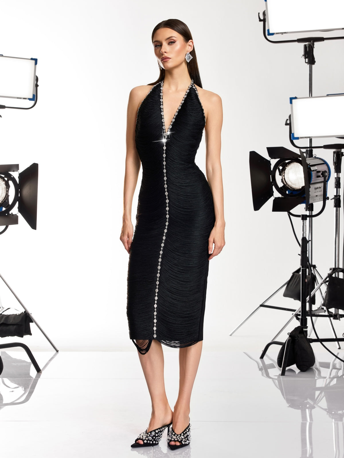 Halric V Neck Fringe Rhinestone Midi Dress