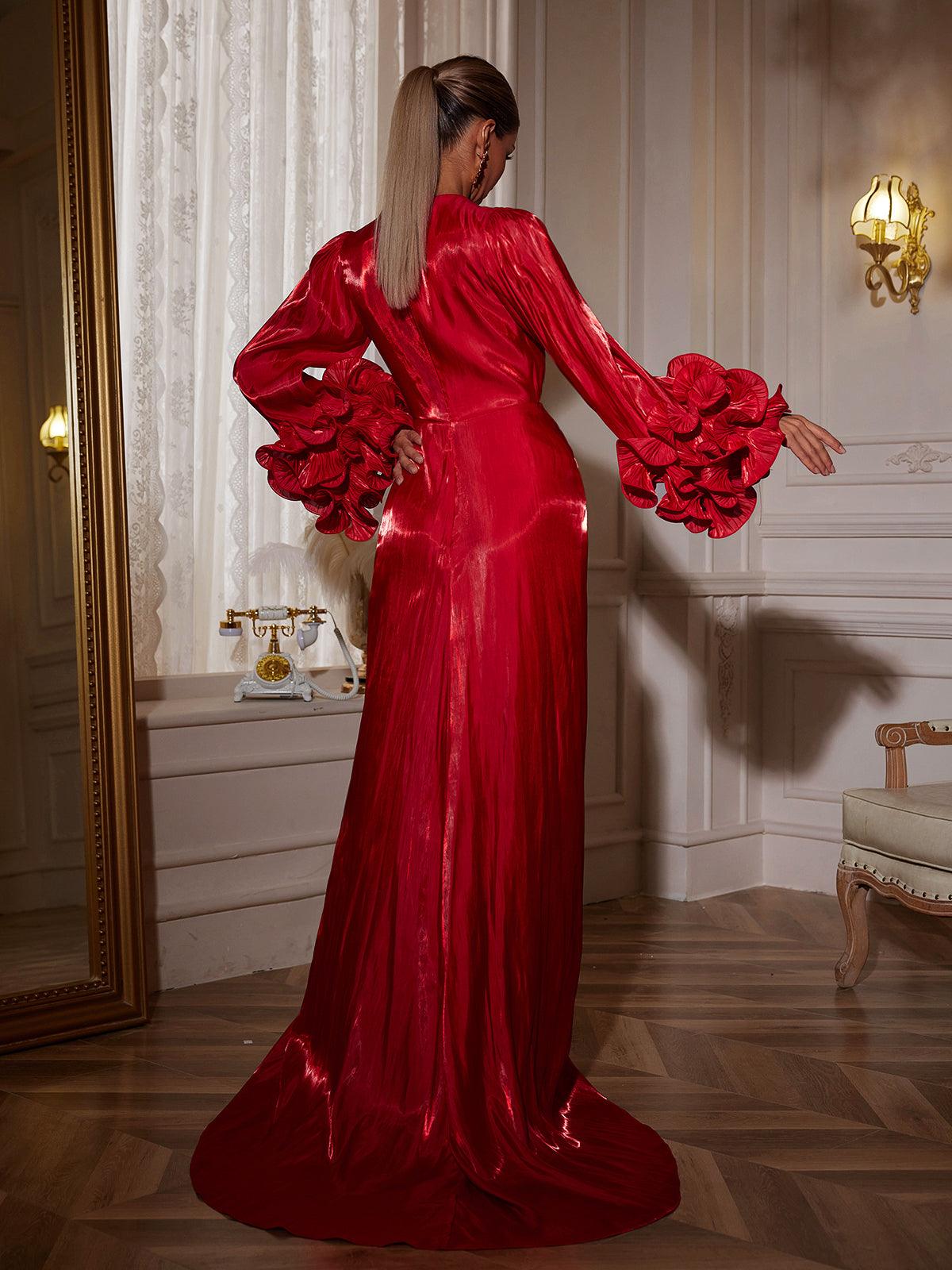 Halston Long Sleeve Ruched Split Maxi Dress