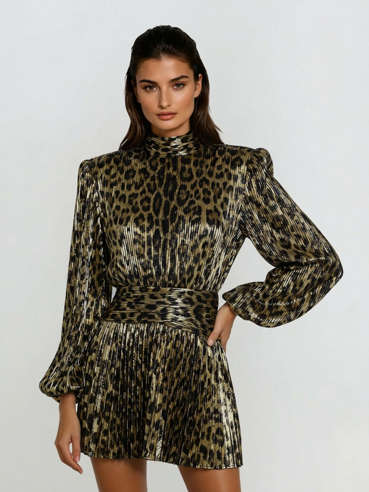 Hamilton Pleated Metallic Dress In Leopard