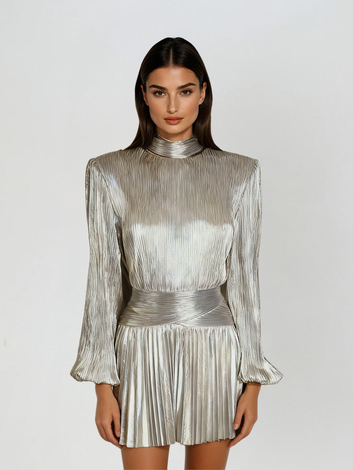Hamilton Pleated Metallic Dress In Silver