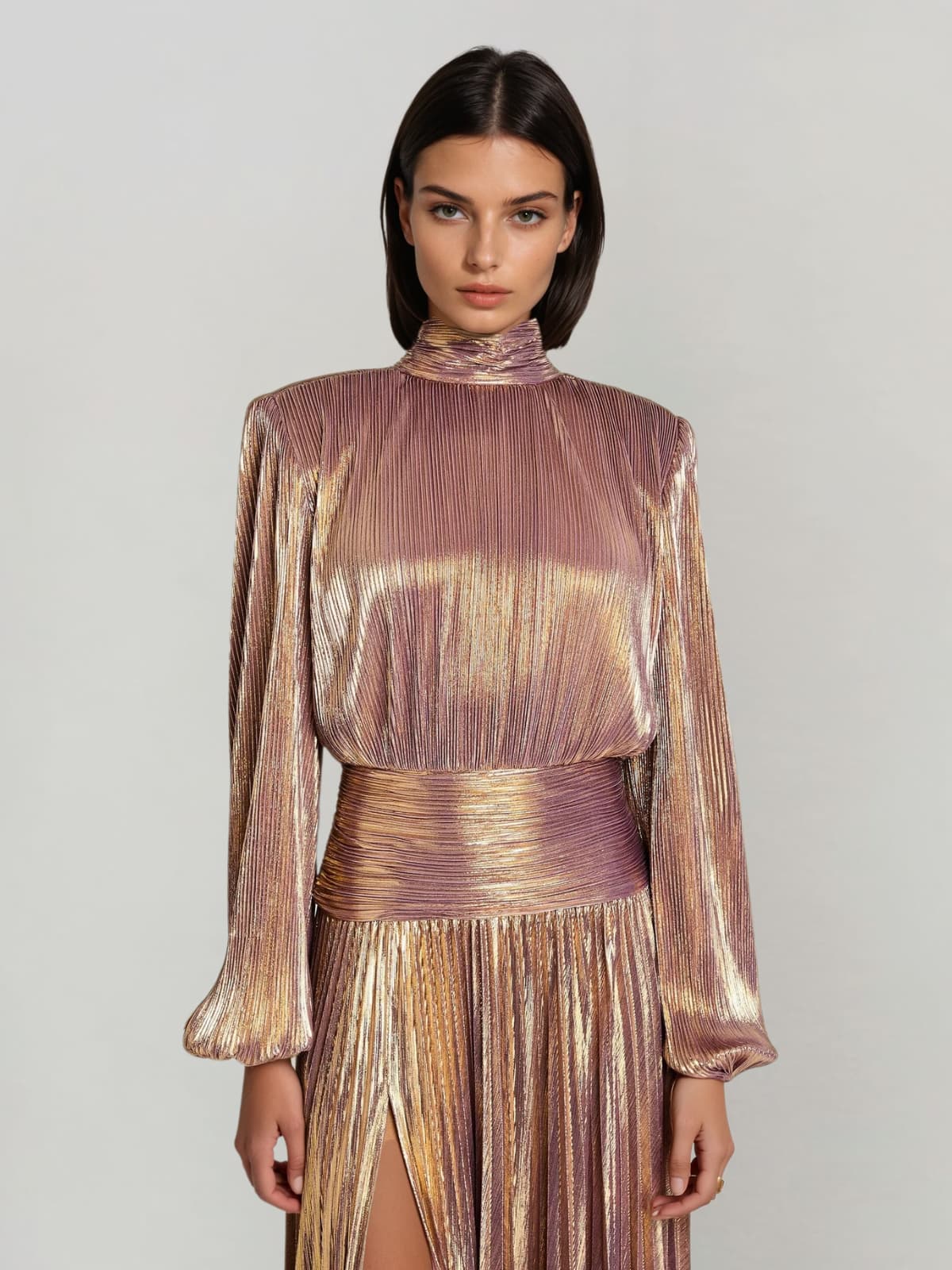 Hamilton Pleated Metallic Split Maxi Dress In Brown