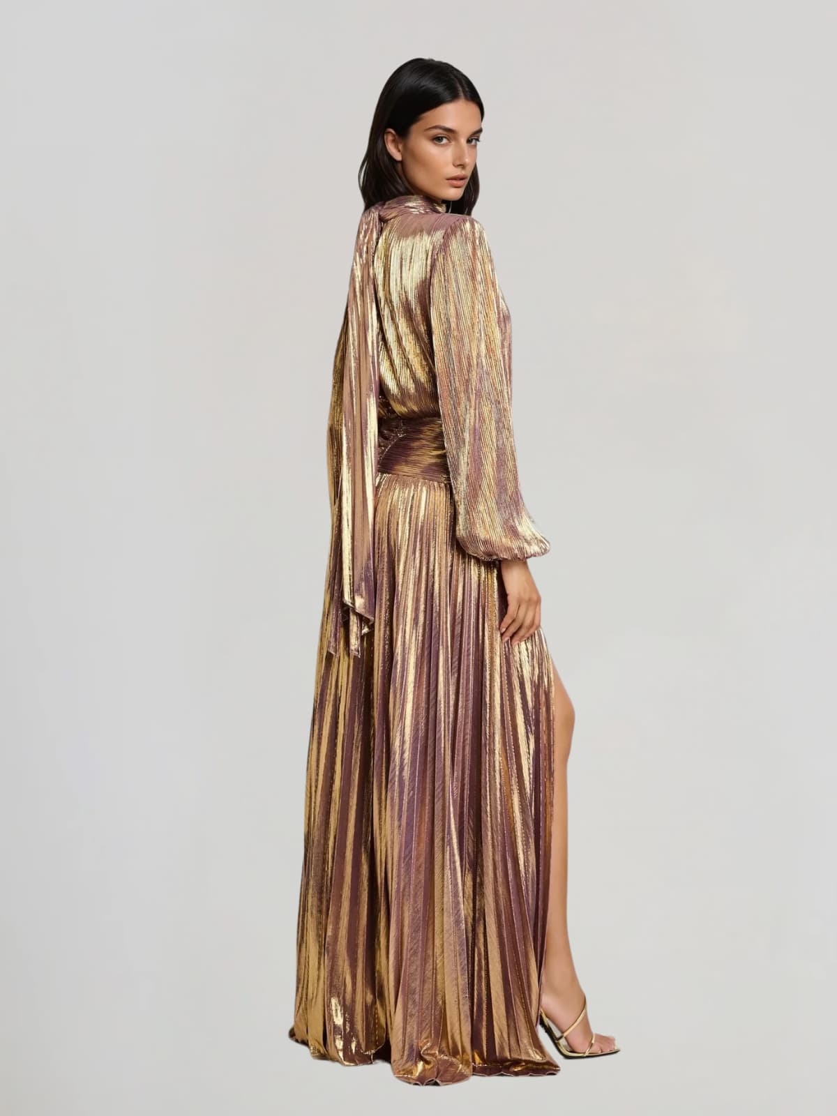 Hamilton Pleated Metallic Split Maxi Dress In Brown