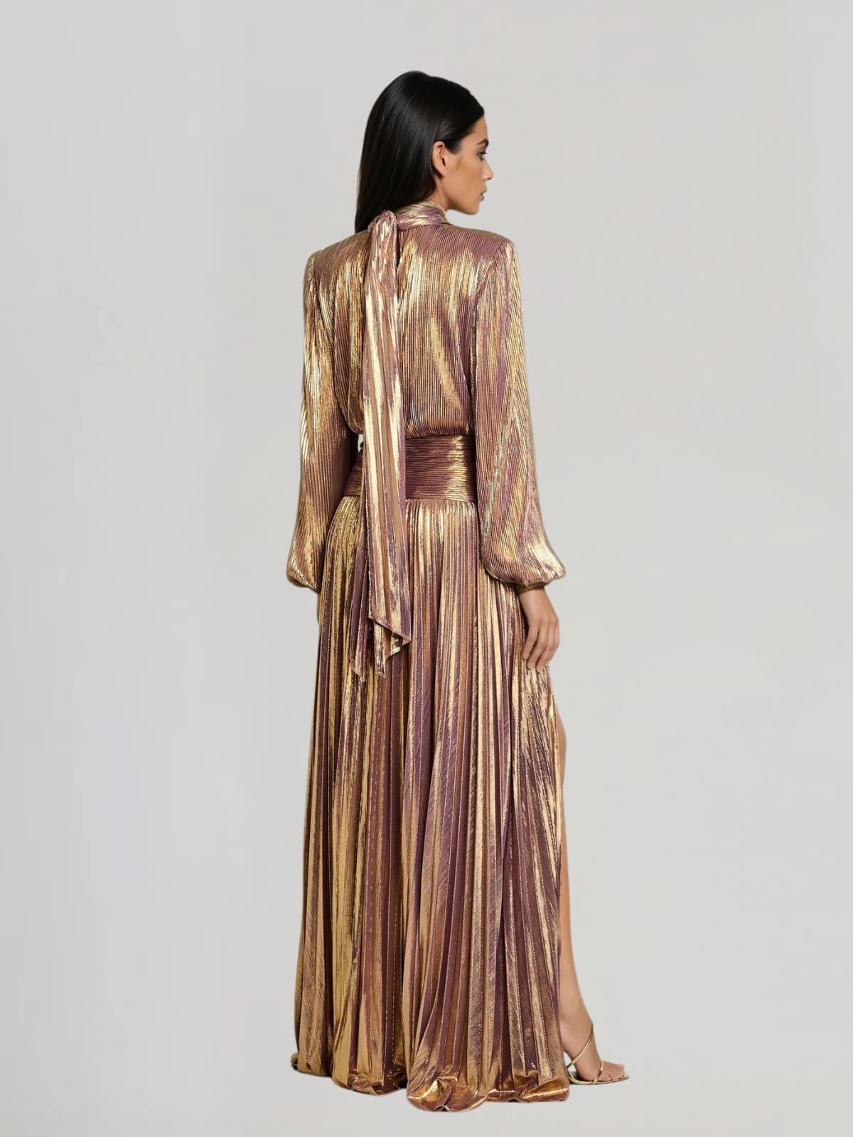 Hamilton Pleated Metallic Split Maxi Dress In Brown
