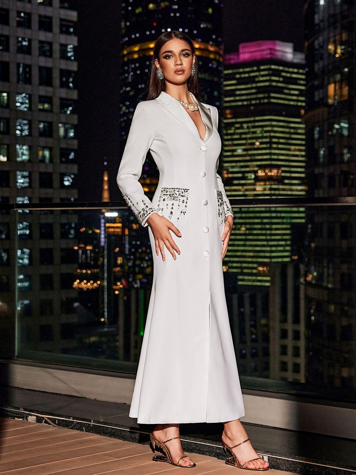 Hassan Rhinestone Blazer Dress In White