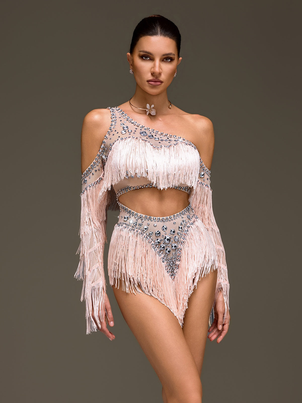 Haveron One Shoulder Fringe Crystal Bodysuit