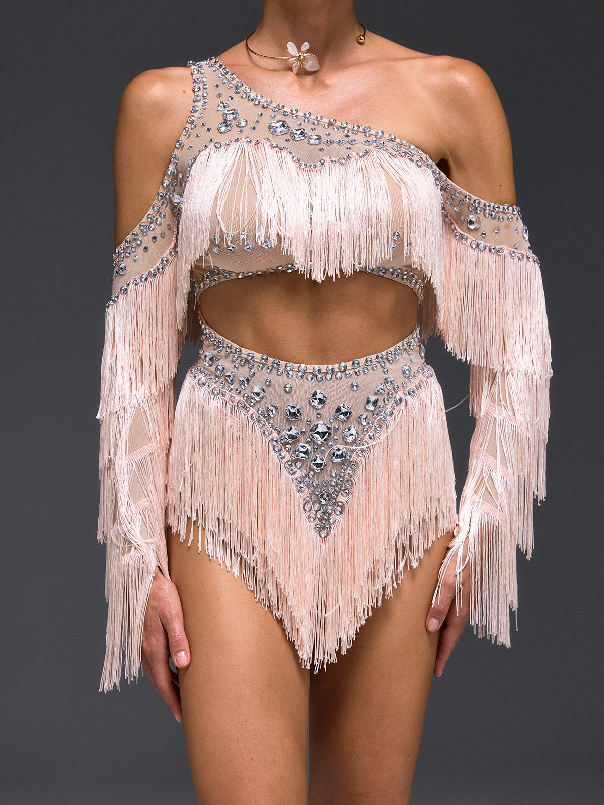 Haveron One Shoulder Fringe Crystal Bodysuit