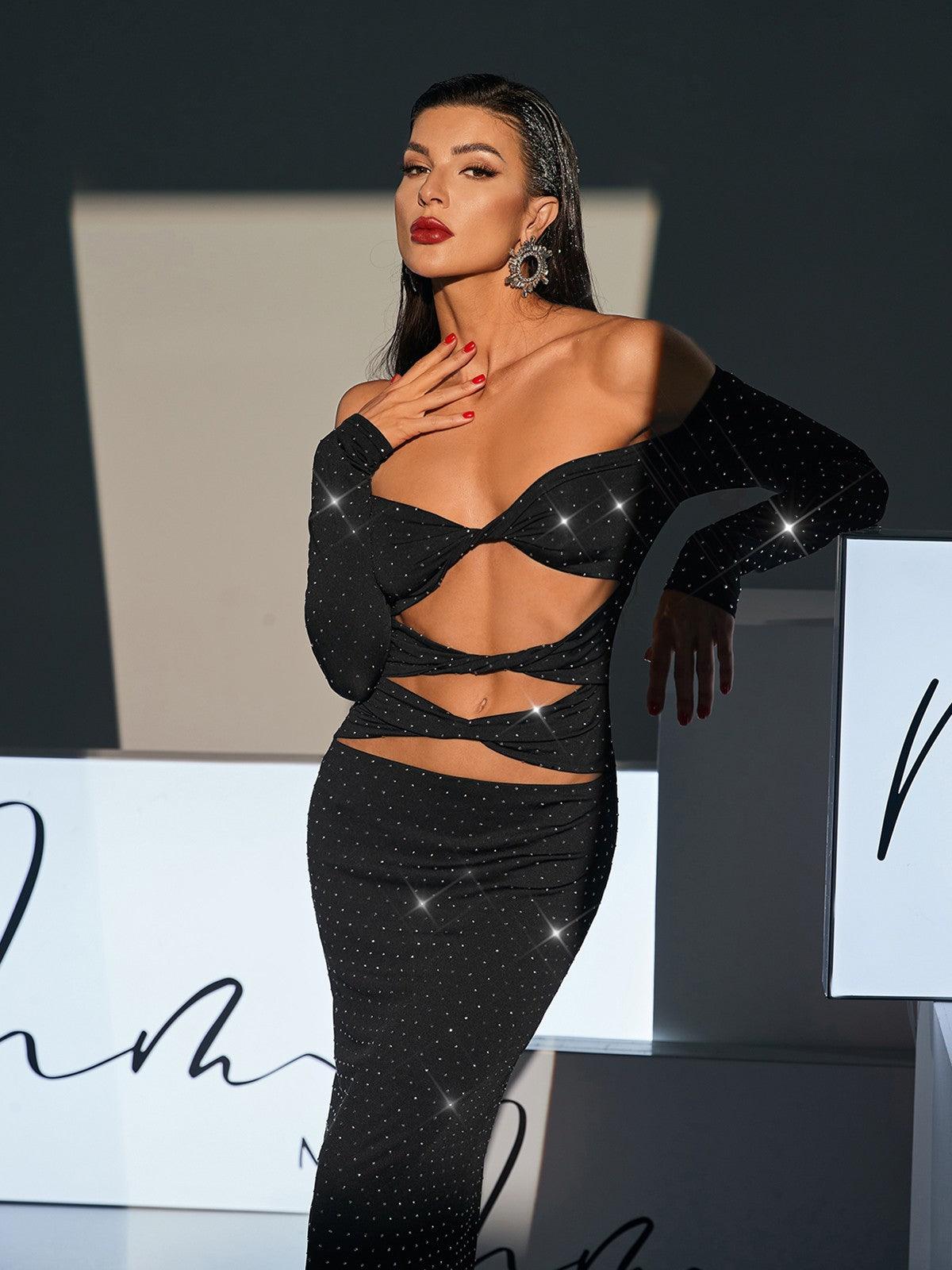 Hedwig Off Shoulder Rhinestone Cutout Maxi Dress