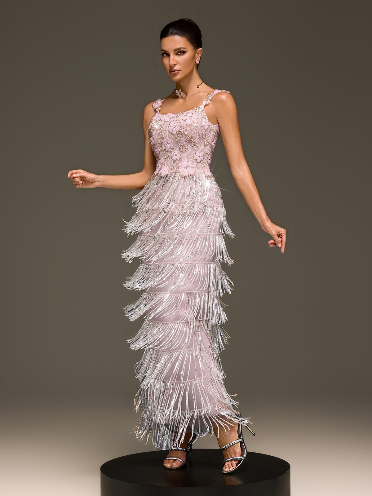 Heldris Fringe Sequin Flower Maxi Dress