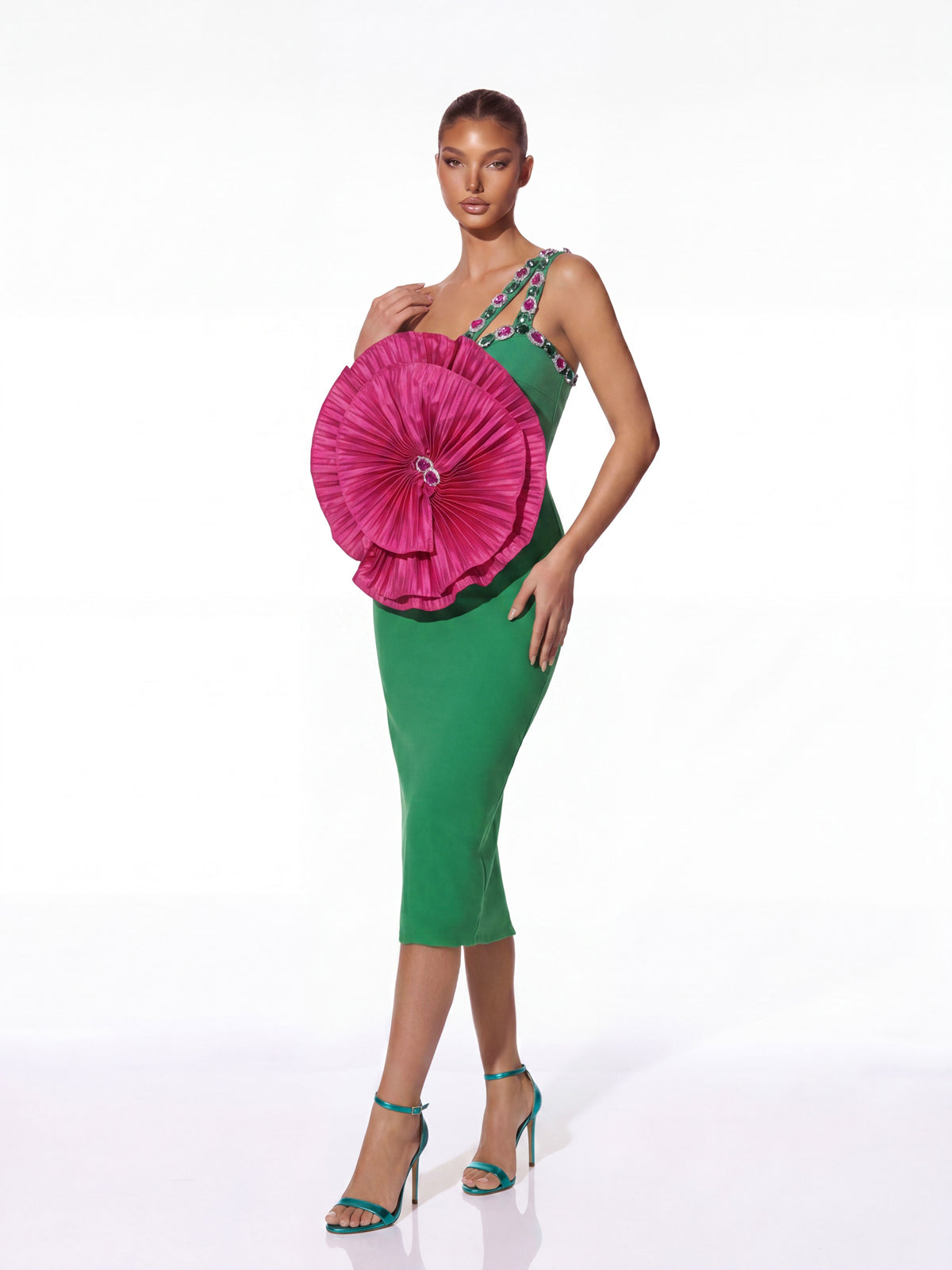 Helioric One Shoulder Flower Crystal Midi Dress