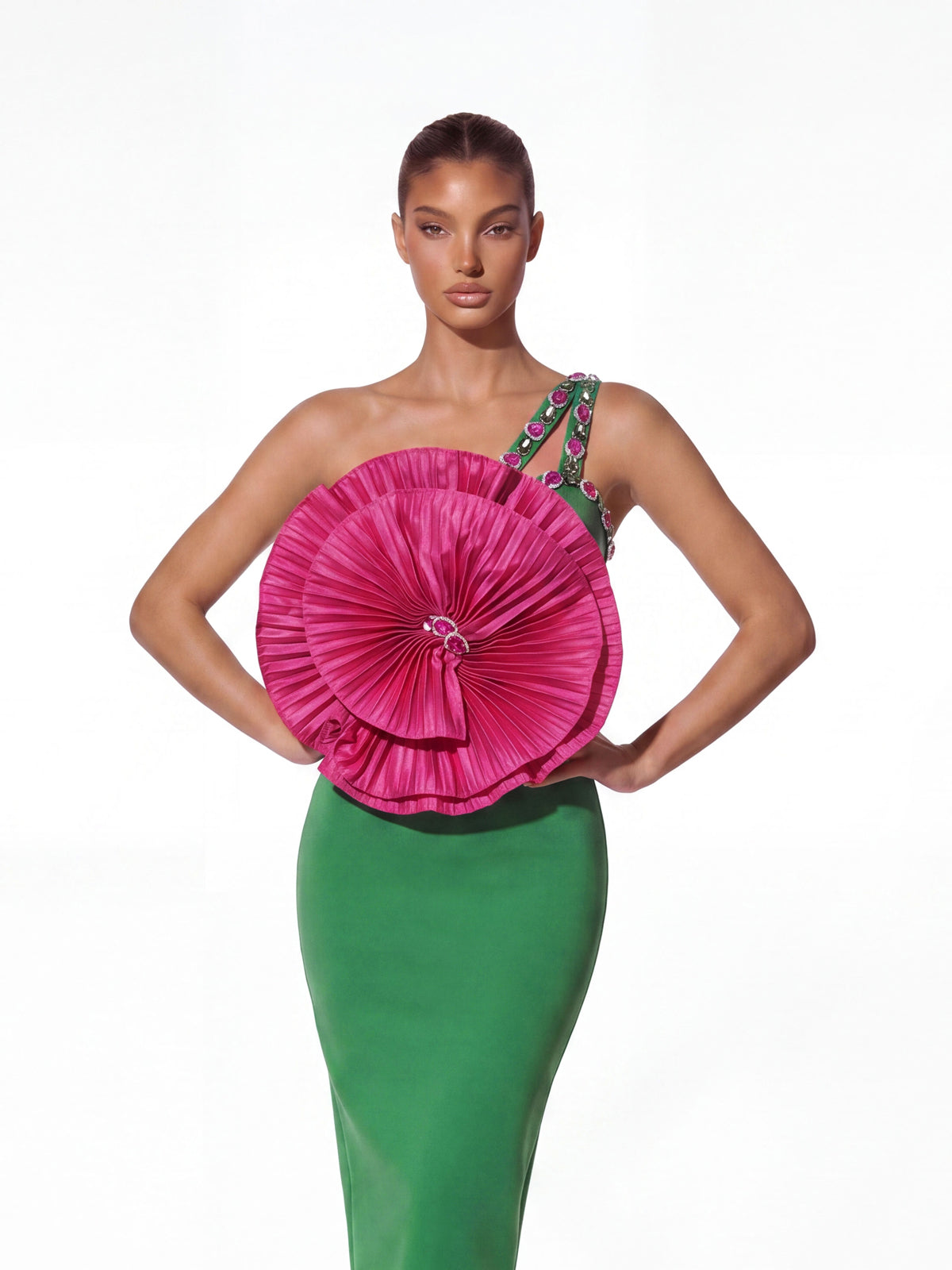 Helioric One Shoulder Flower Crystal Midi Dress