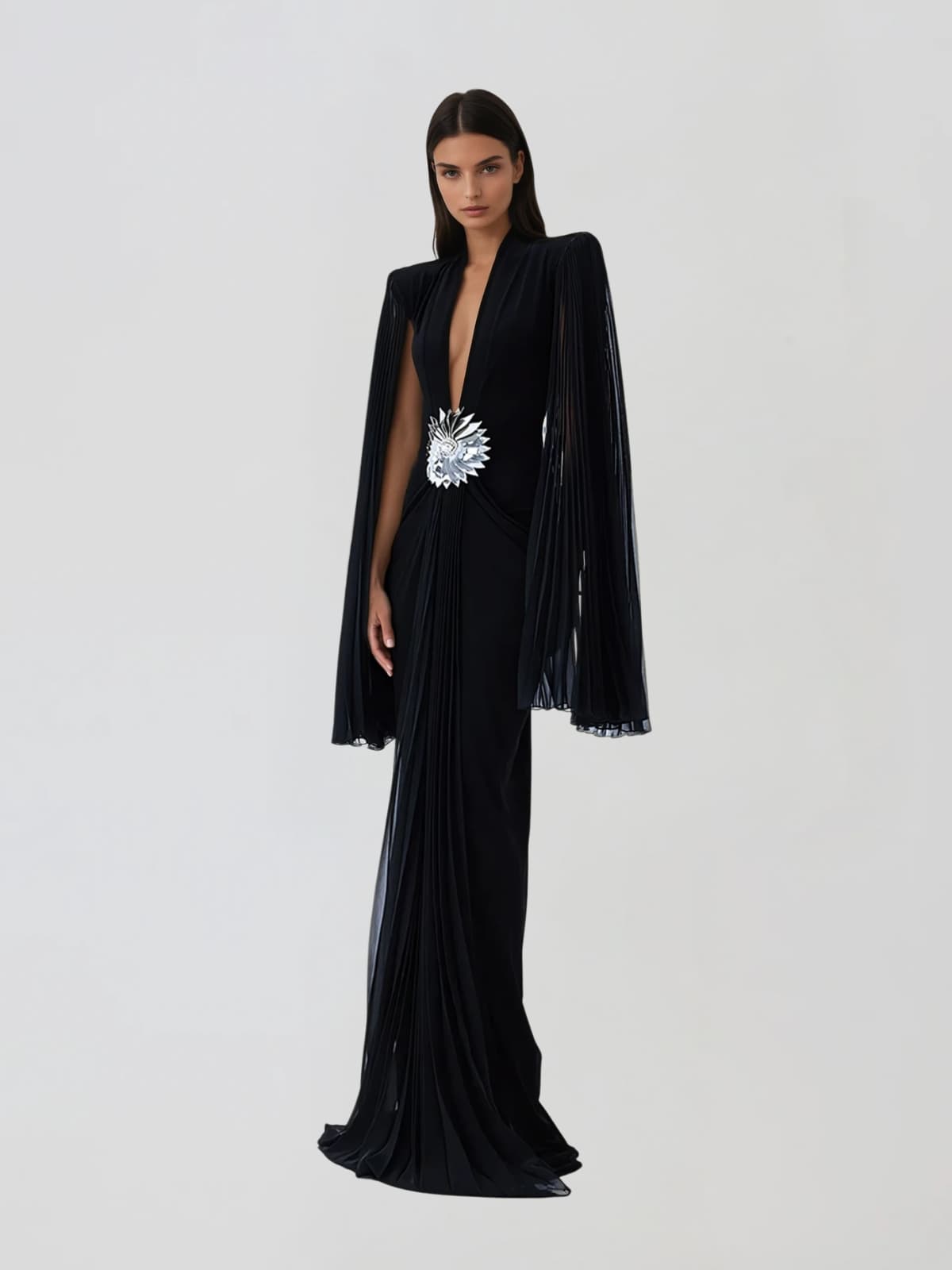 Helqor Cape Sleeve Flower Velvet Maxi Dress