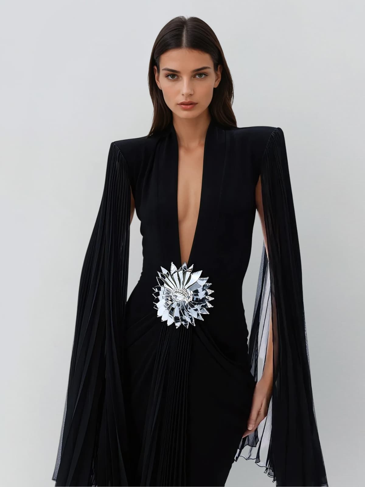 Helqor Cape Sleeve Flower Velvet Maxi Dress
