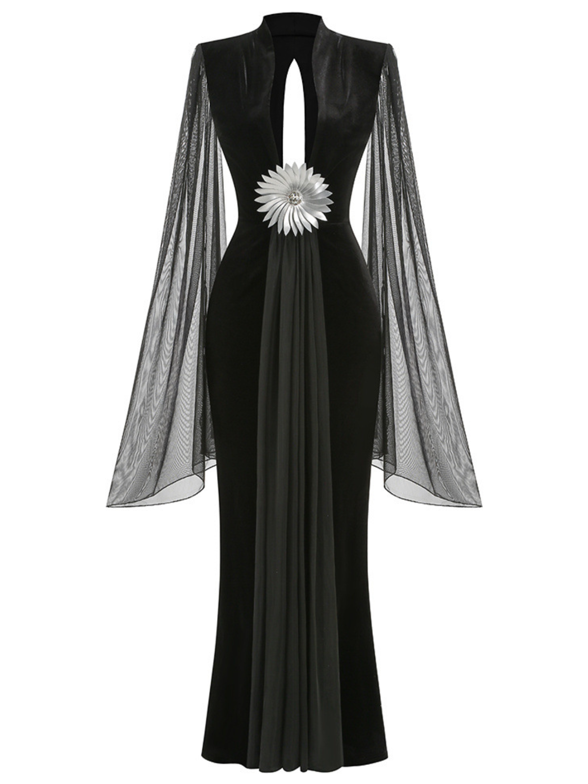 Helqor Cape Sleeve Flower Velvet Maxi Dress