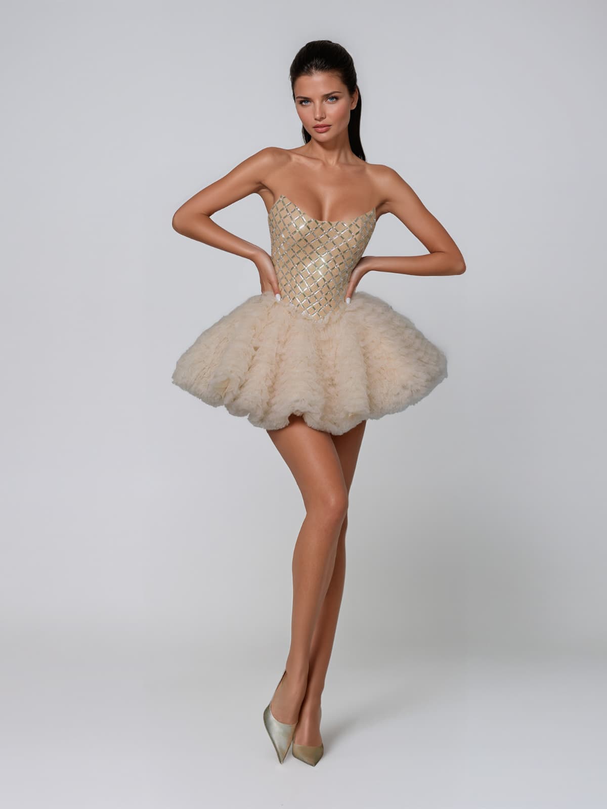 Helvarin Strapless Tulle Crystal Mini Dress