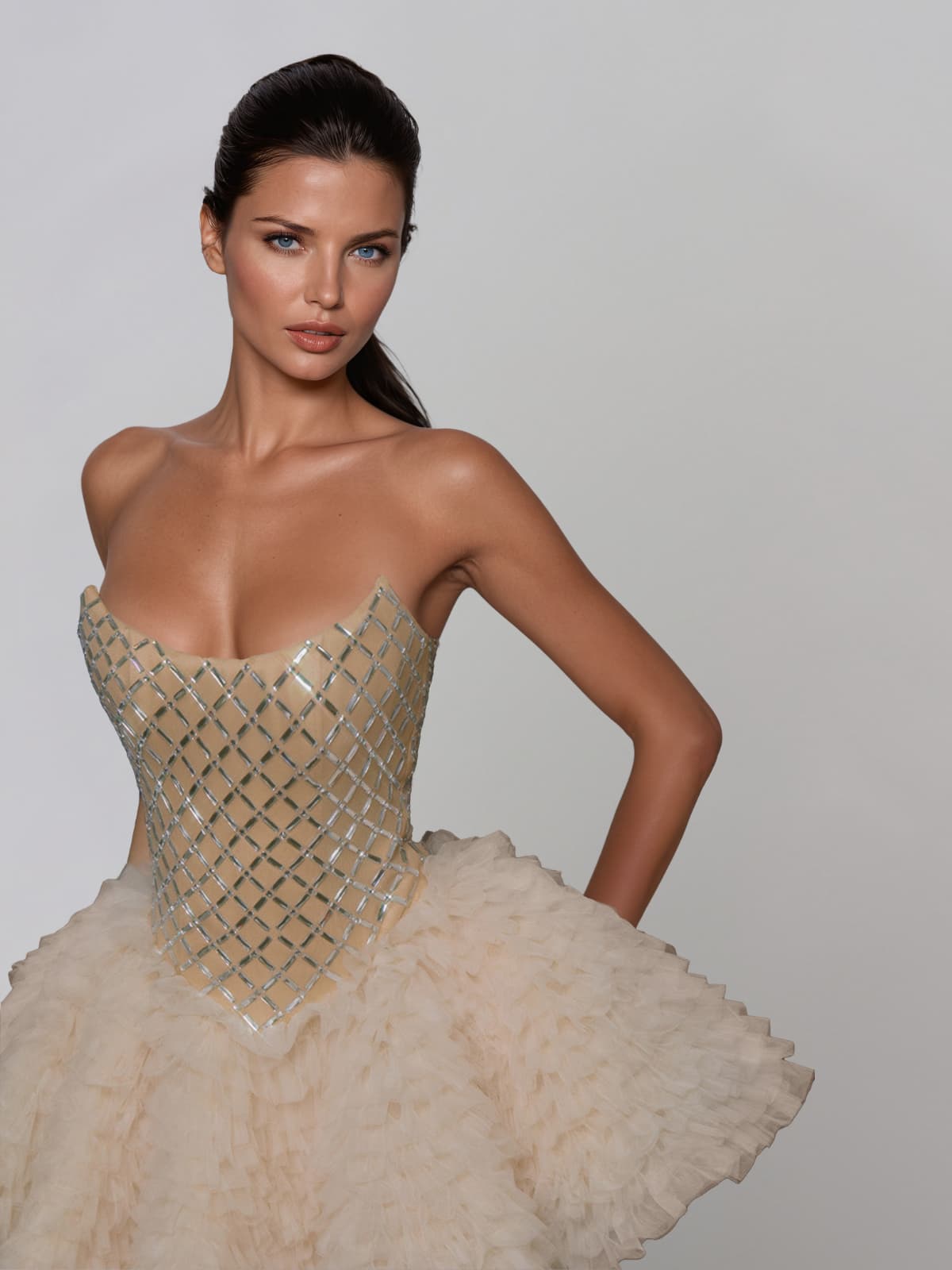 Helvarin Strapless Tulle Crystal Mini Dress