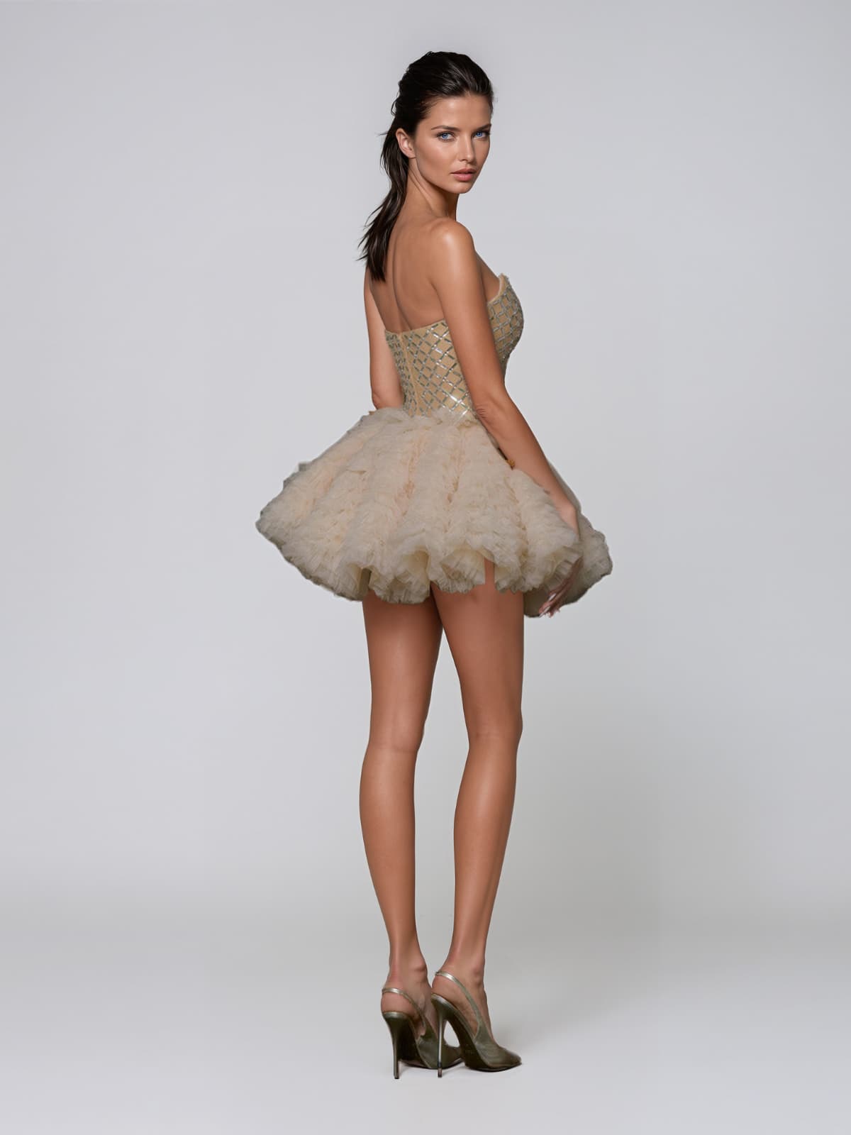 Helvarin Strapless Tulle Crystal Mini Dress