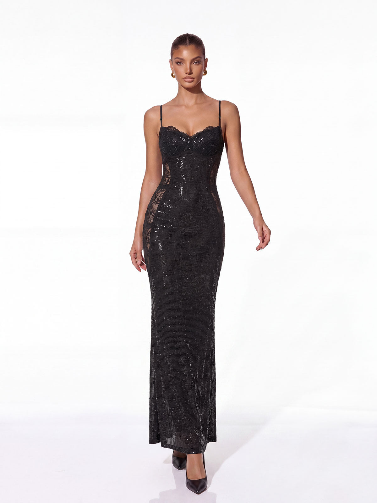 Helvik Spaghetti Lace Rhinestone Maxi Dress