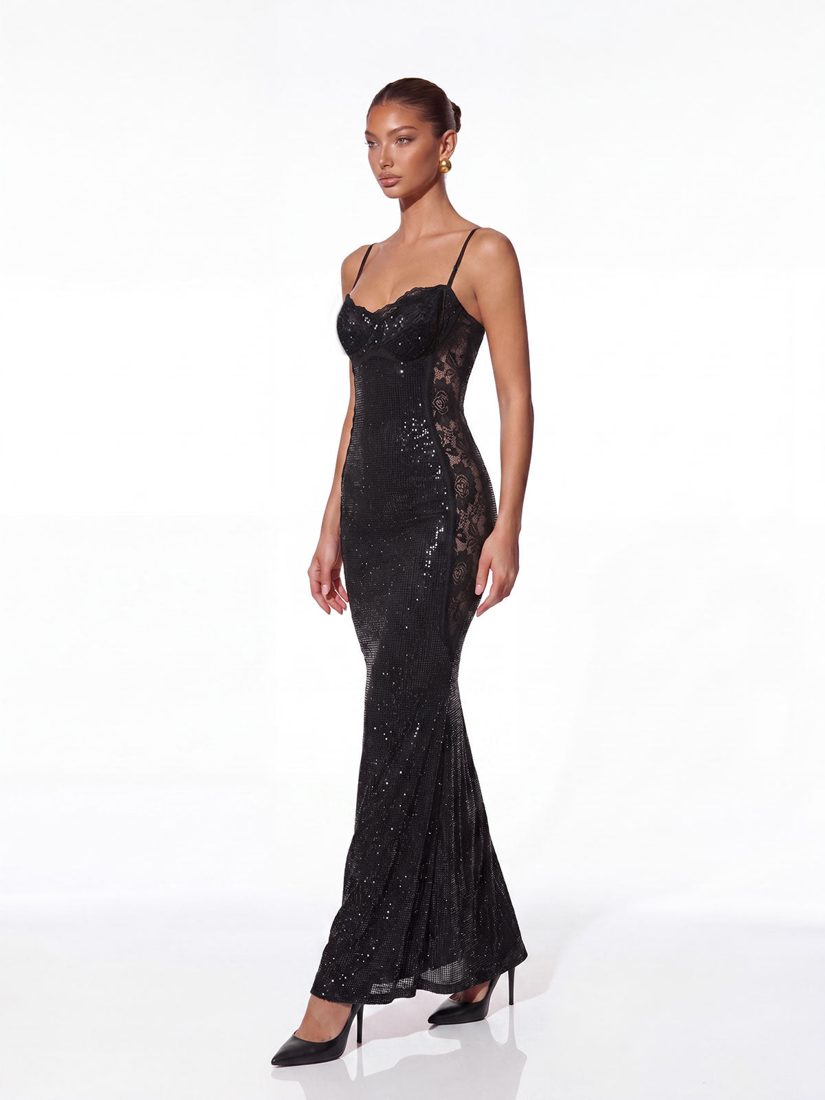 Helvik Spaghetti Lace Rhinestone Maxi Dress