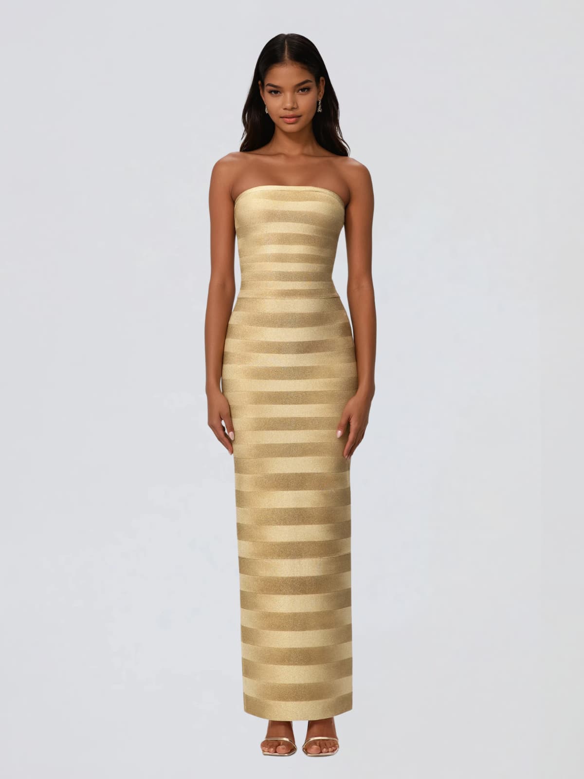 Heska Strapless Stripe Bandage Maxi Dress In Gold