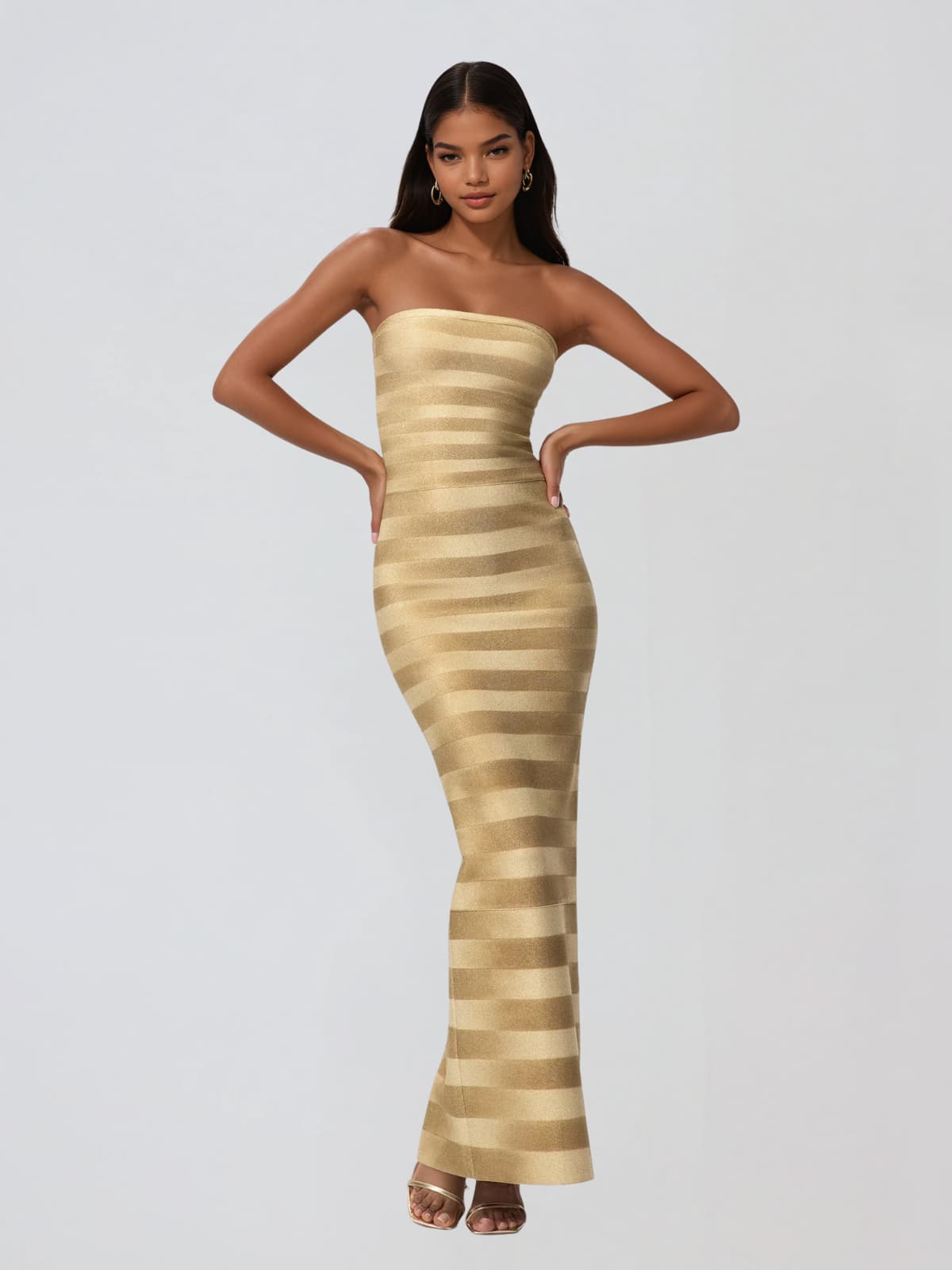 Heska Strapless Stripe Bandage Maxi Dress In Gold
