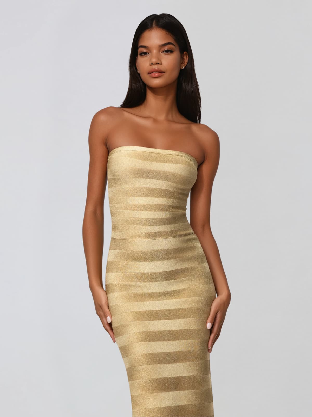 Heska Strapless Stripe Bandage Maxi Dress In Gold