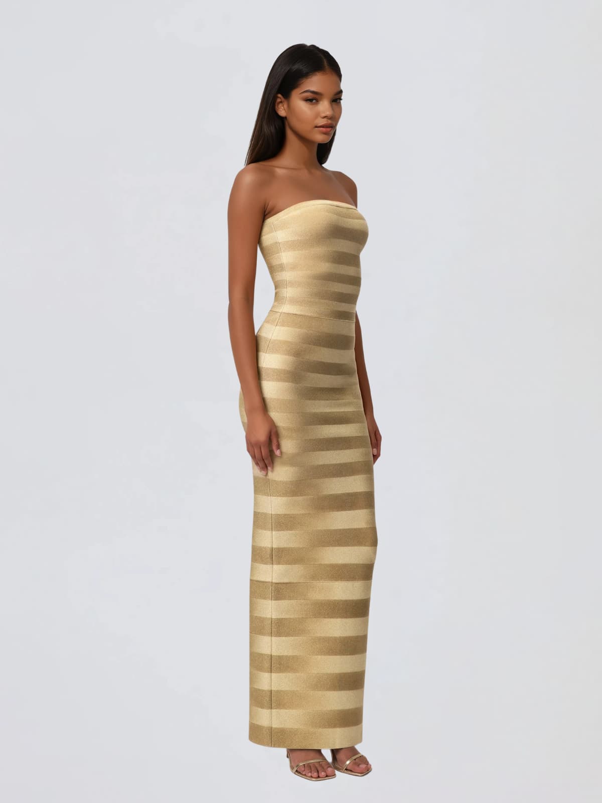 Heska Strapless Stripe Bandage Maxi Dress In Gold