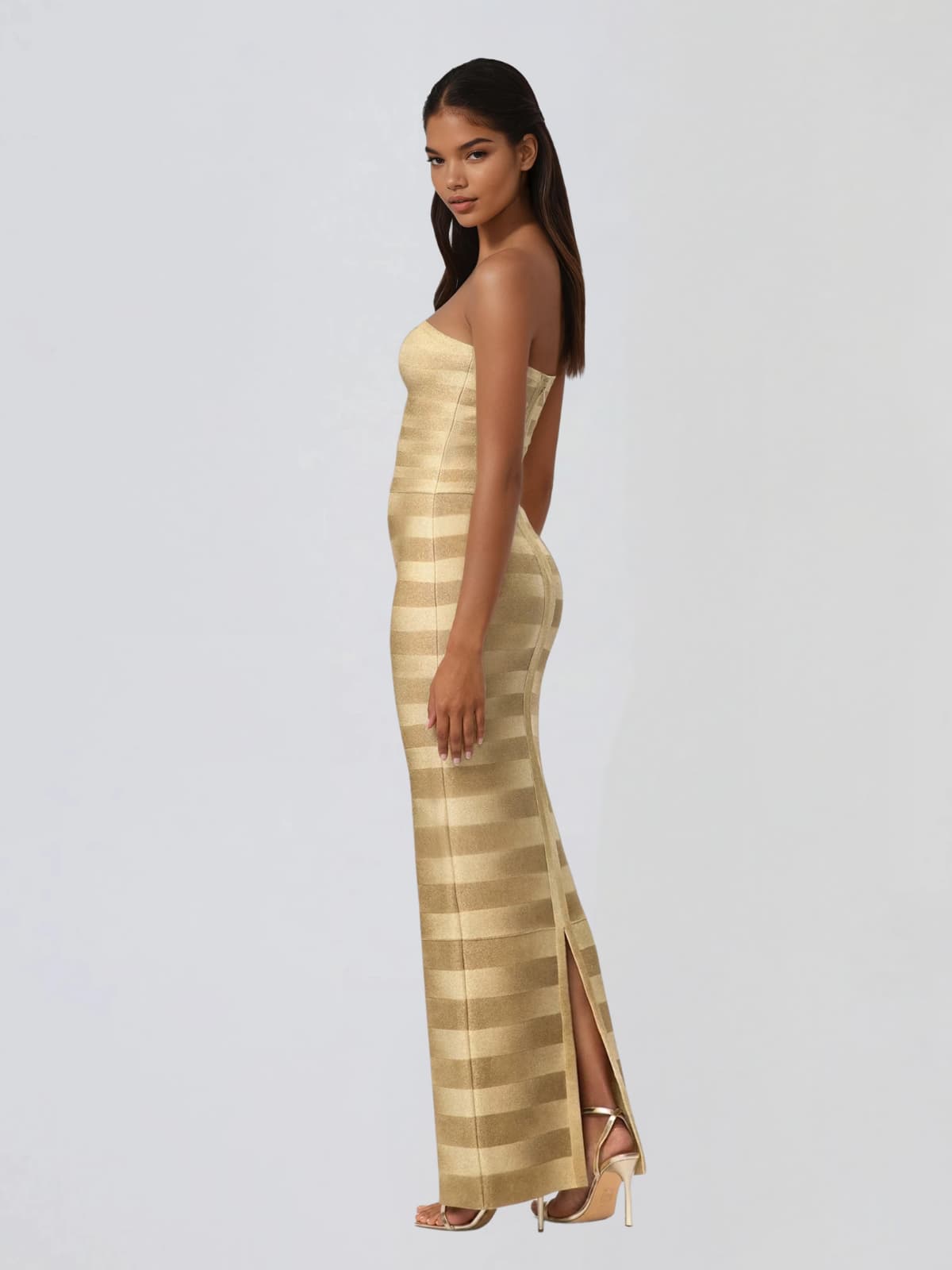 Heska Strapless Stripe Bandage Maxi Dress In Gold