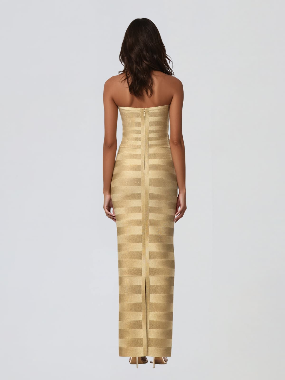 Heska Strapless Stripe Bandage Maxi Dress In Gold