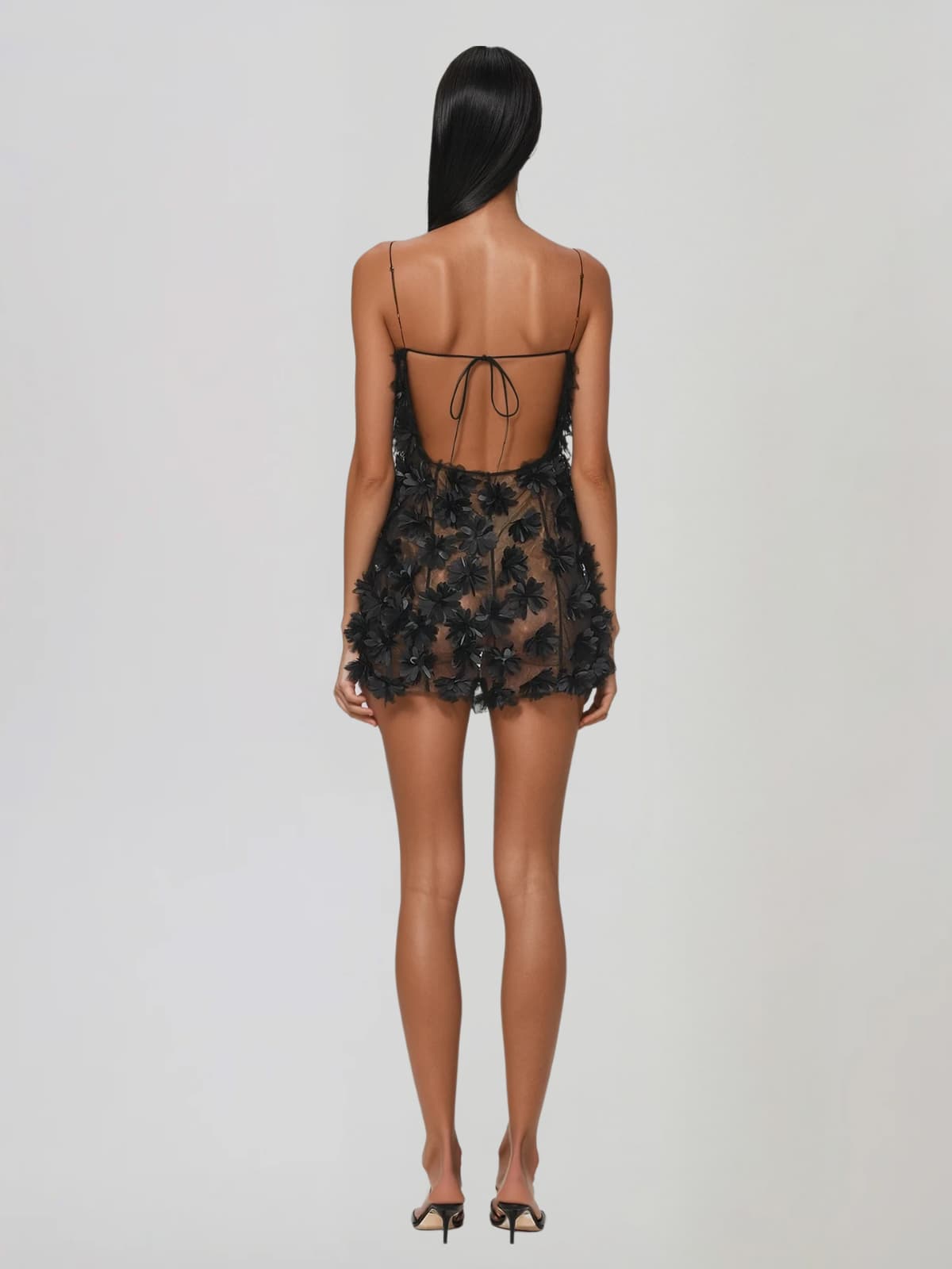 Hesrel Spaghetti Flower Mesh Mini Dress In Black