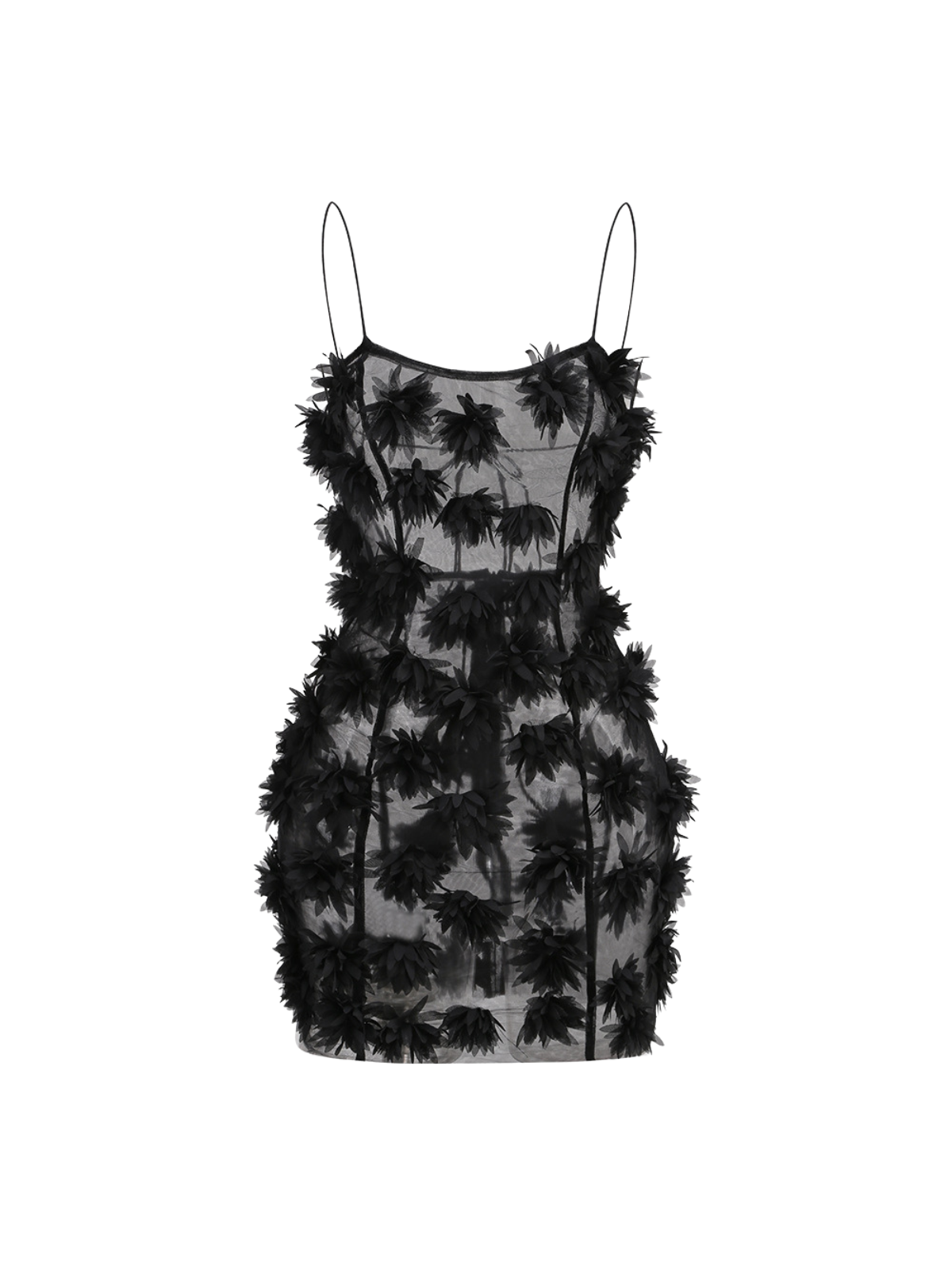 Hesrel Spaghetti Flower Mesh Mini Dress In Black