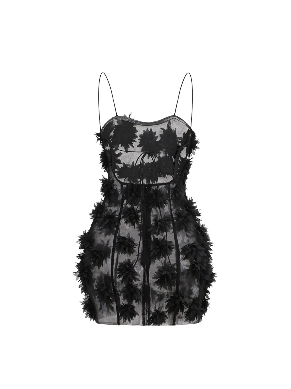 Hesrel Spaghetti Flower Mesh Mini Dress In Black