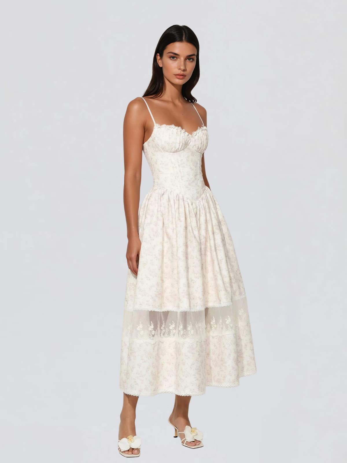 Hestor Spaghetti Lace Up Floral Midi Dress