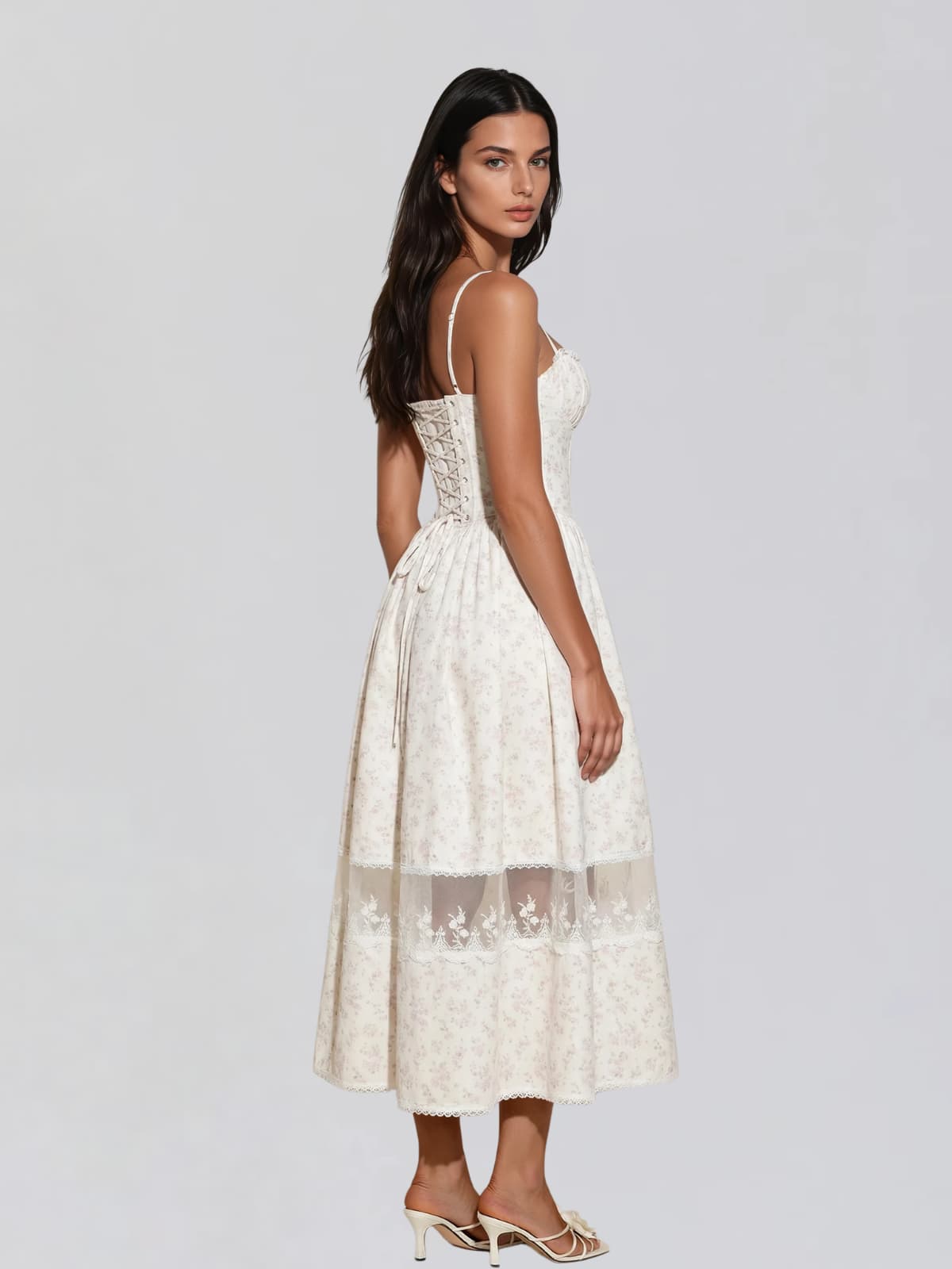 Hestor Spaghetti Lace Up Floral Midi Dress