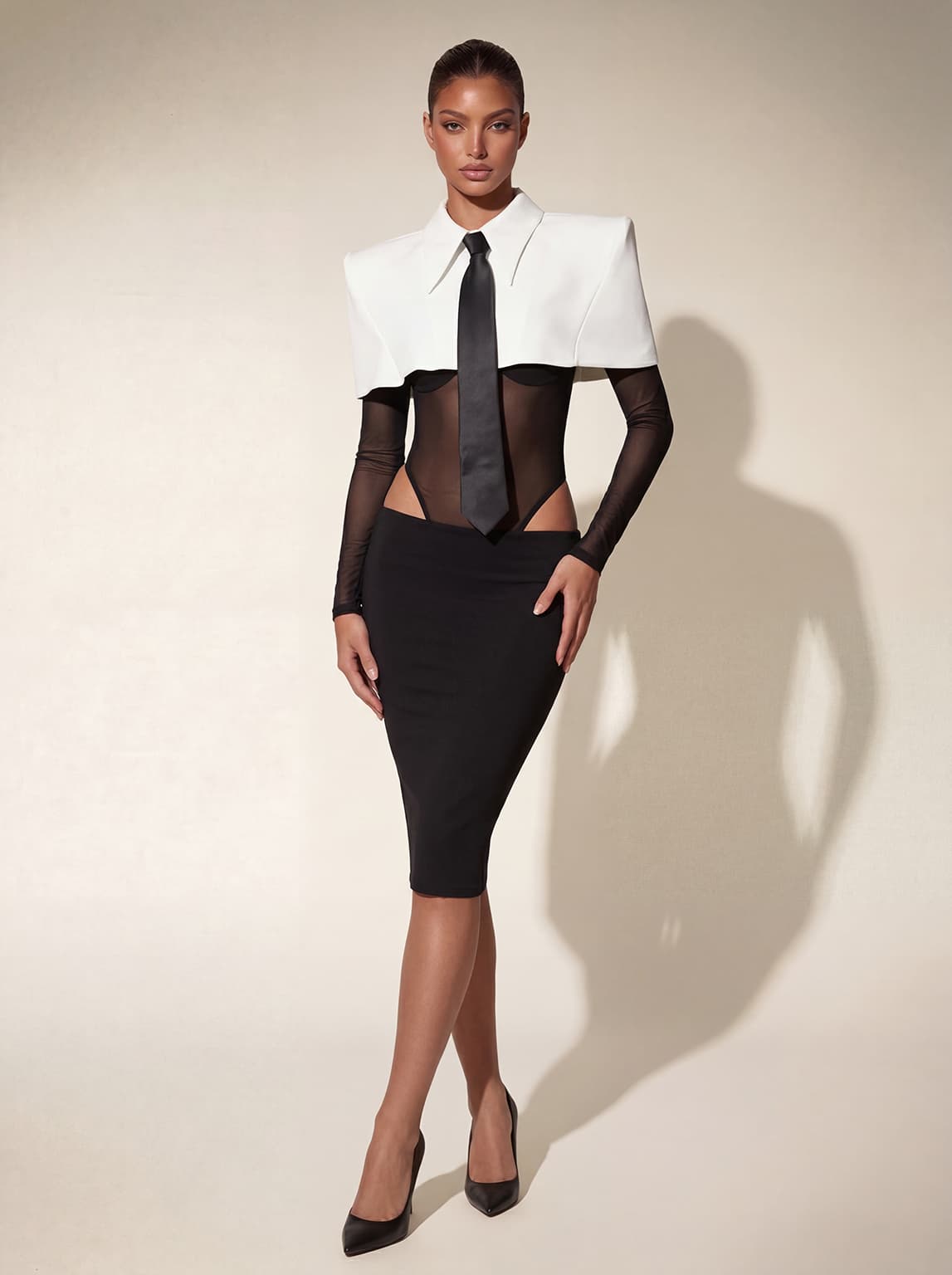 Heyren Folded Collar Tie Mesh Bodysuit
