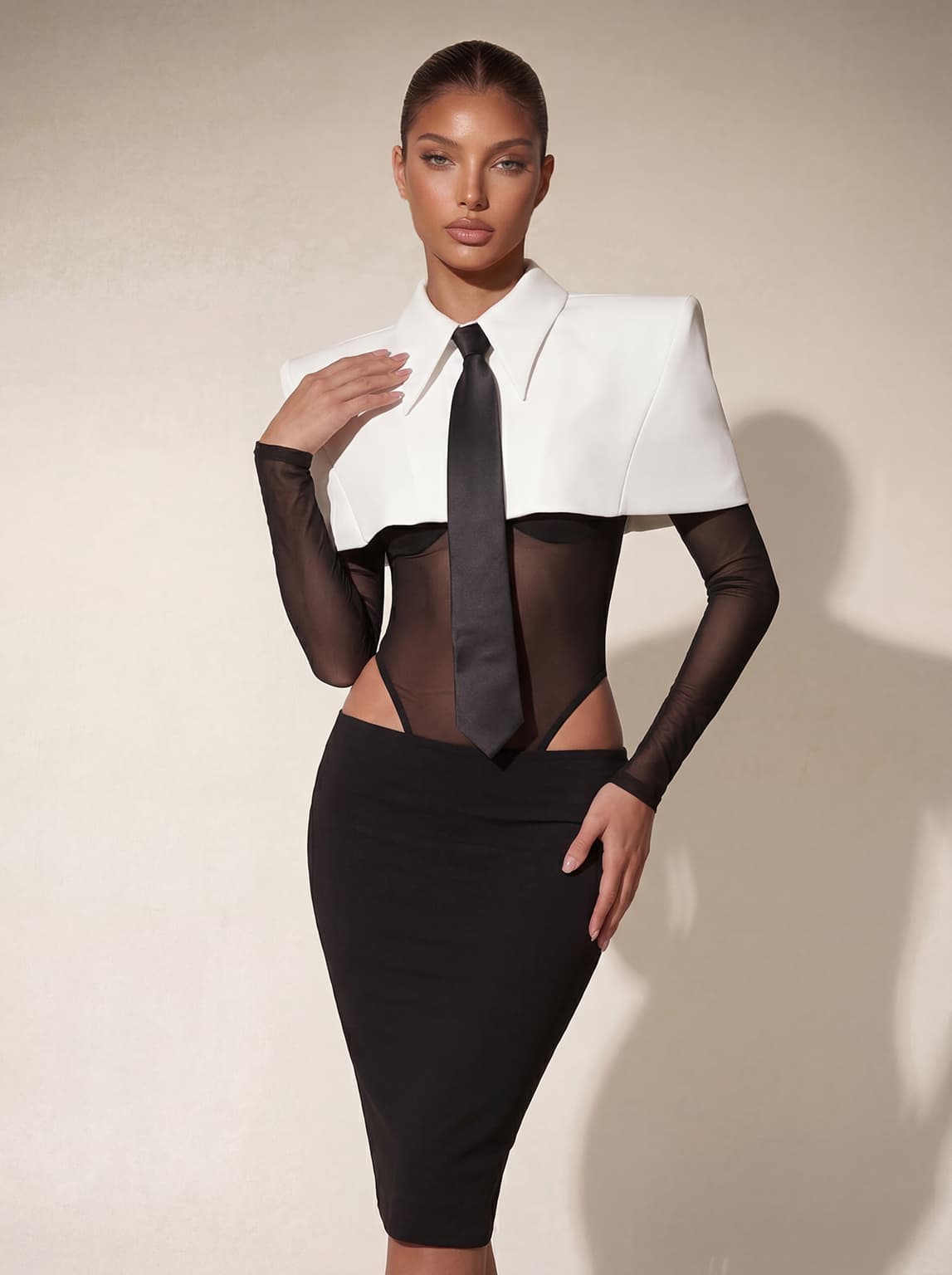 Heyren Folded Collar Tie Mesh Bodysuit