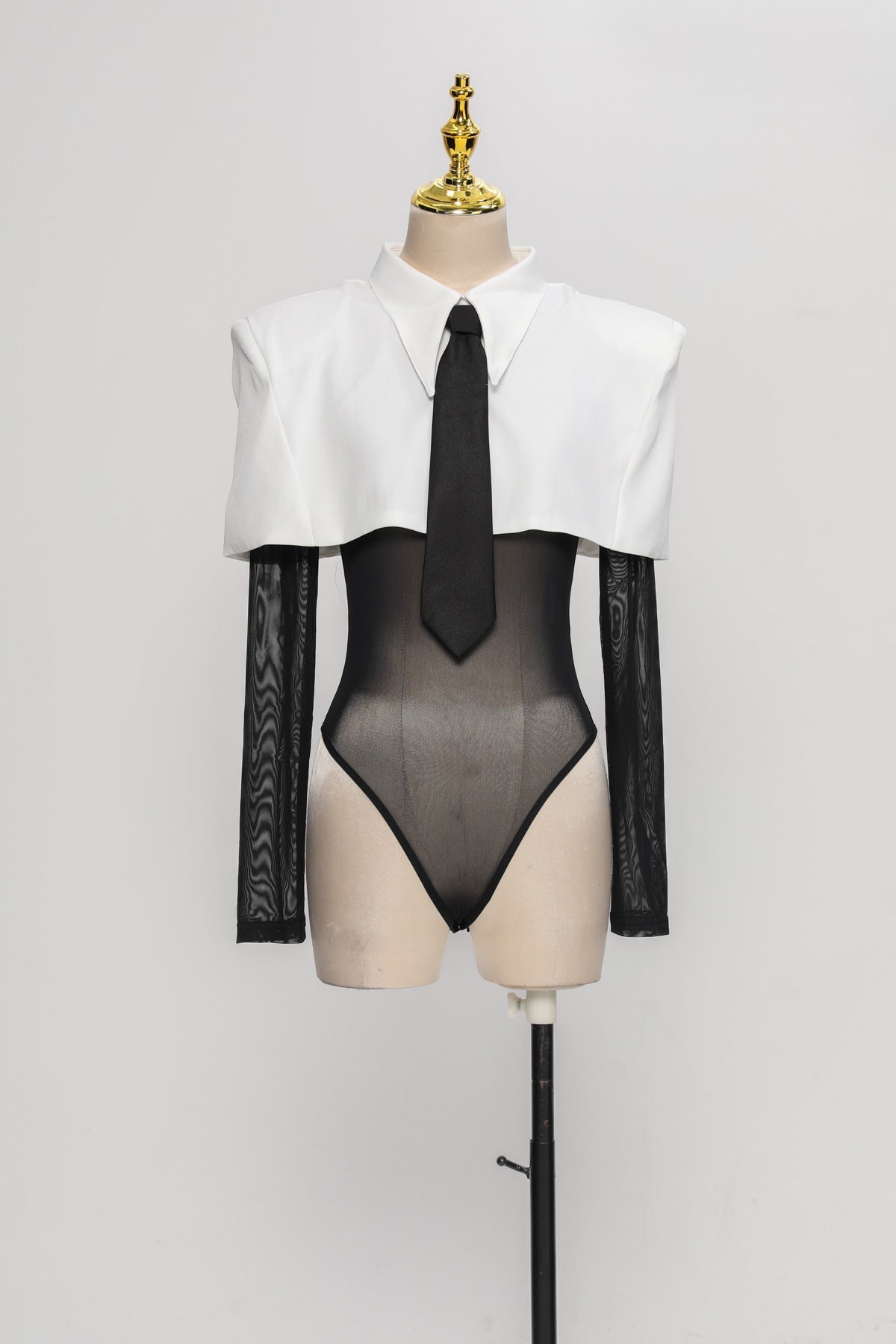 Heyren Folded Collar Tie Mesh Bodysuit