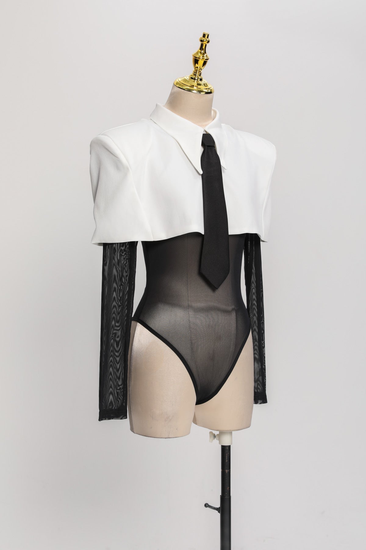Heyren Folded Collar Tie Mesh Bodysuit