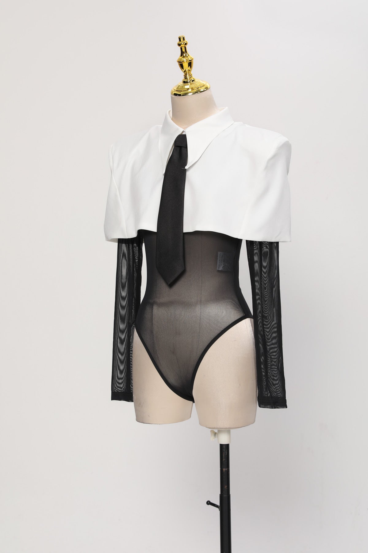 Heyren Folded Collar Tie Mesh Bodysuit
