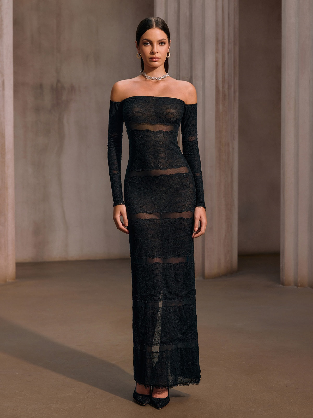 Hirnox Off Shoulder Mesh Lace Maxi Dress