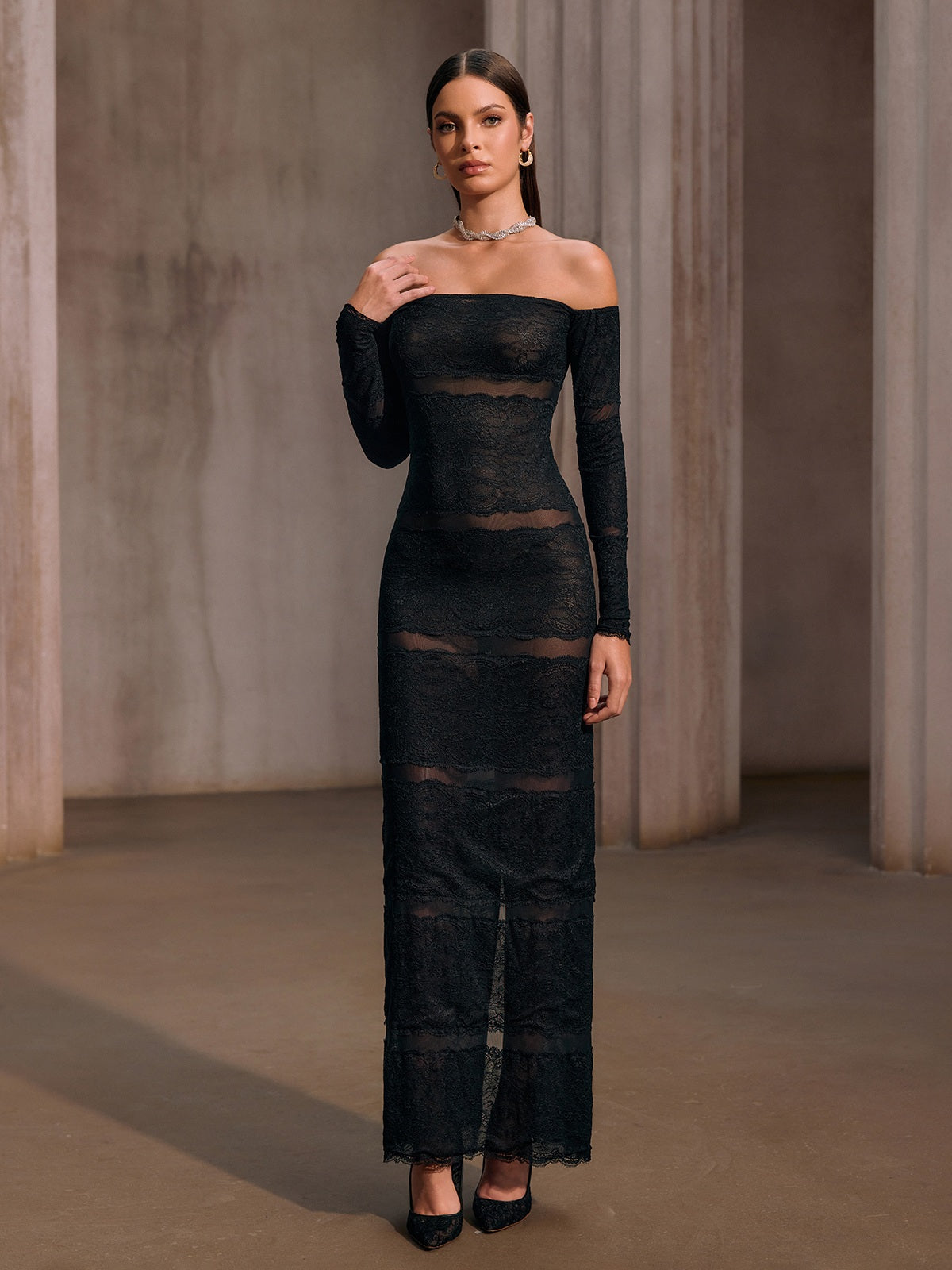 Hirnox Off Shoulder Mesh Lace Maxi Dress