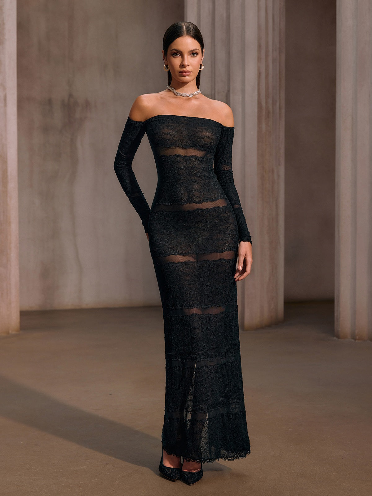 Hirnox Off Shoulder Mesh Lace Maxi Dress