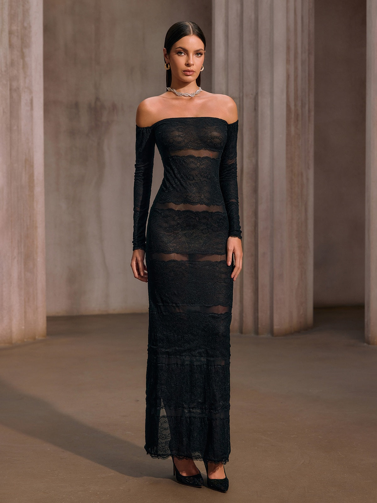 Hirnox Off Shoulder Mesh Lace Maxi Dress