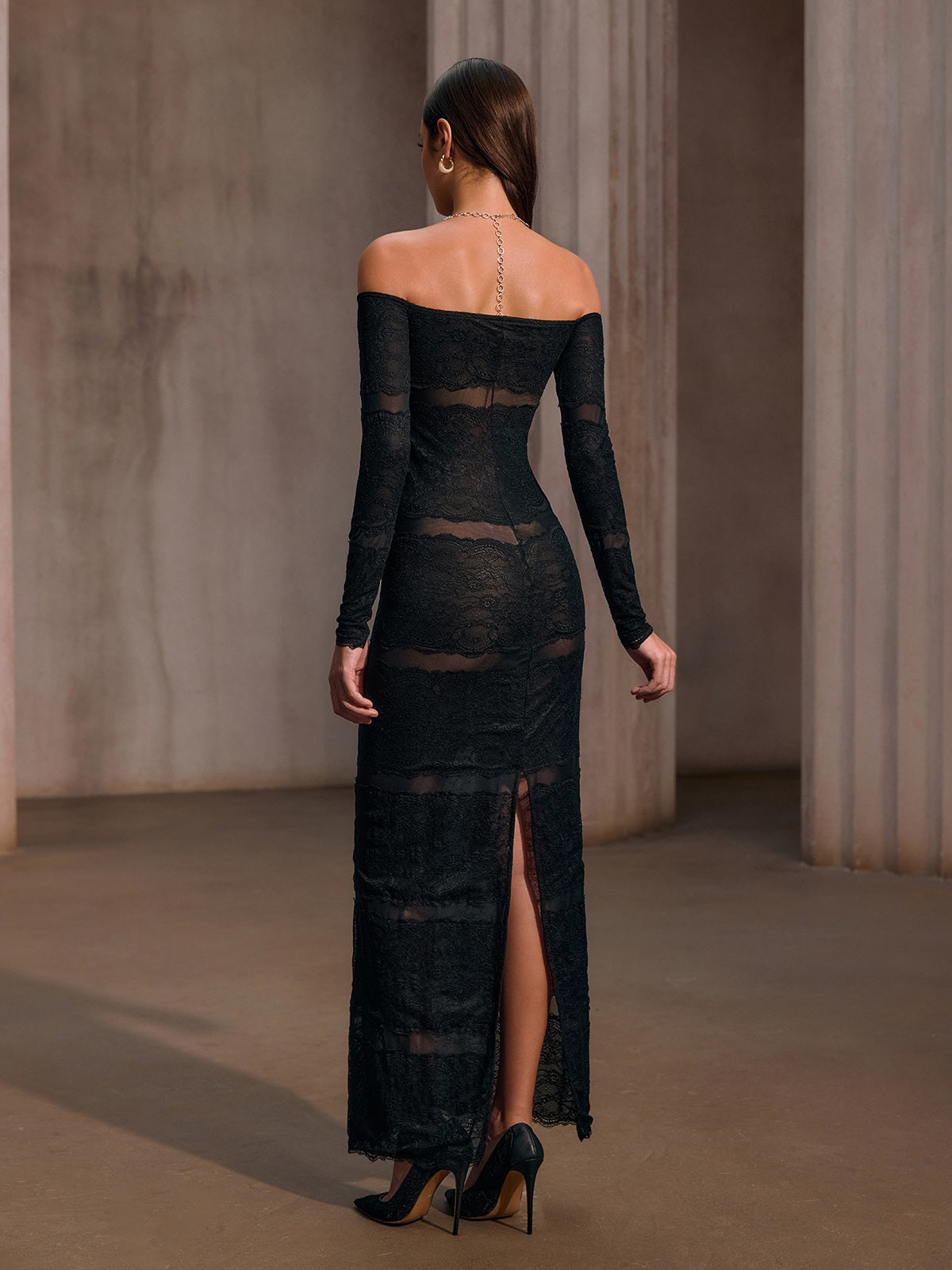 Hirnox Off Shoulder Mesh Lace Maxi Dress