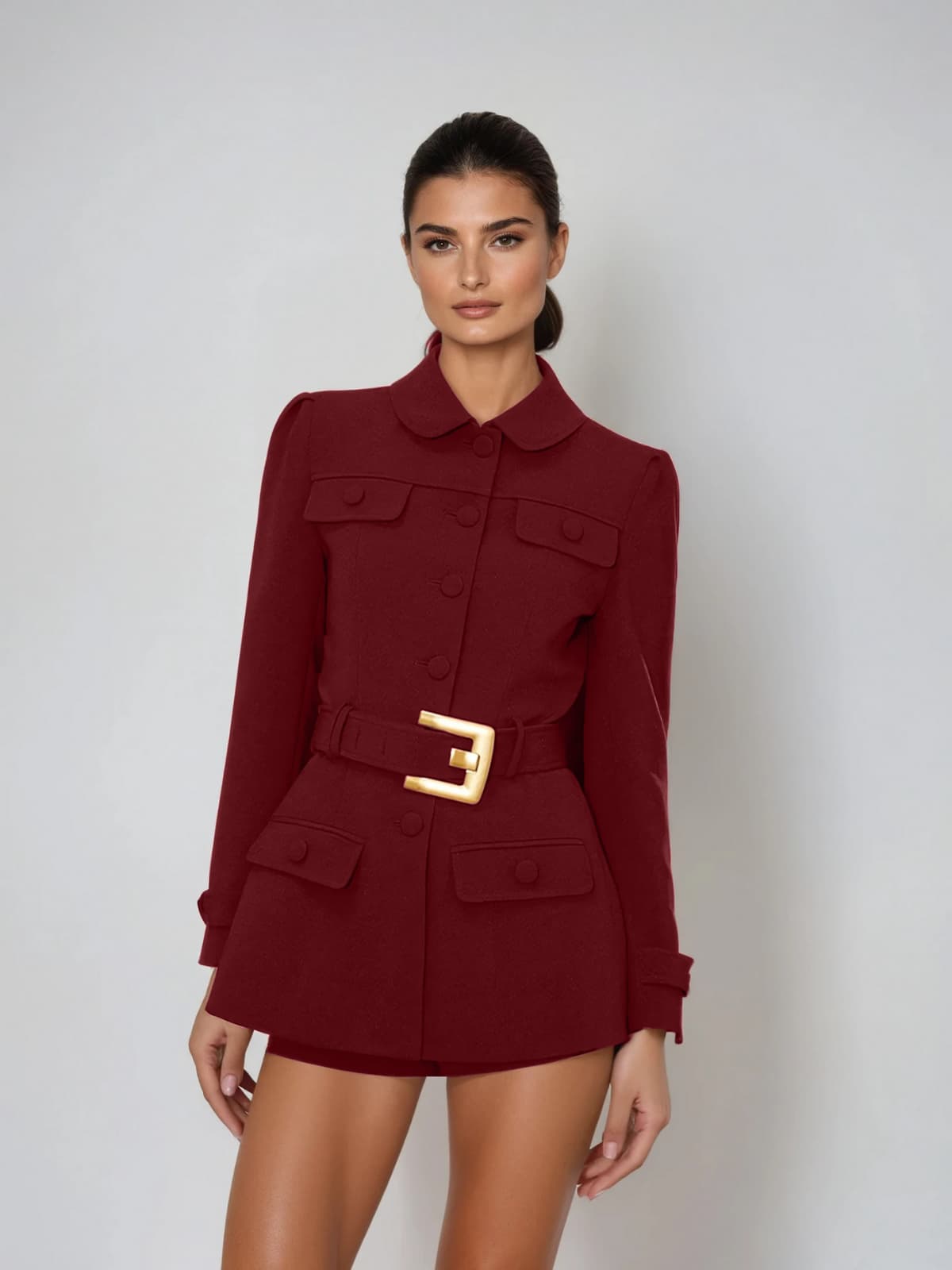 Hovielle Long Sleeve Belt Blazer In Red