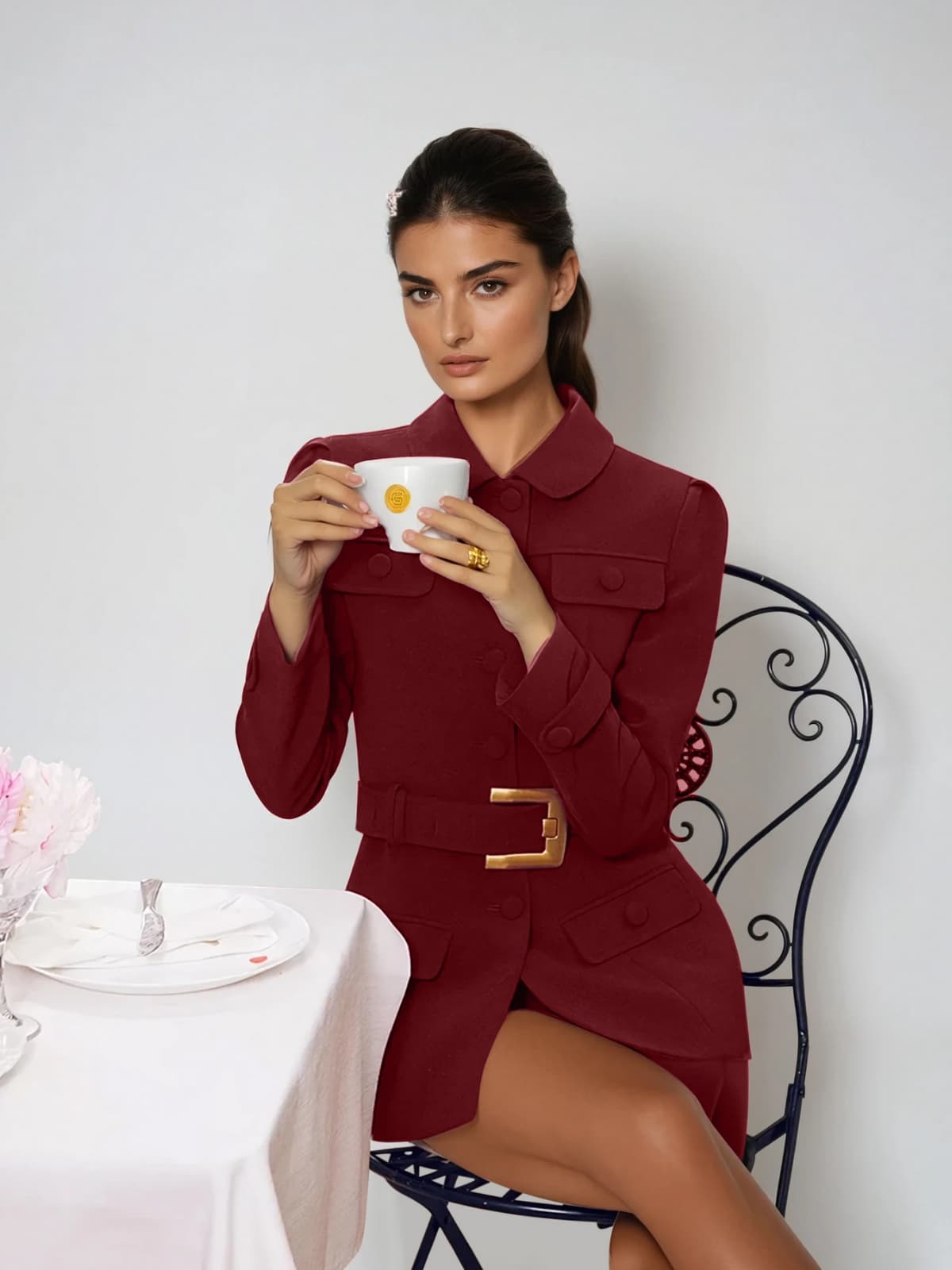 Hovielle Long Sleeve Belt Blazer In Red