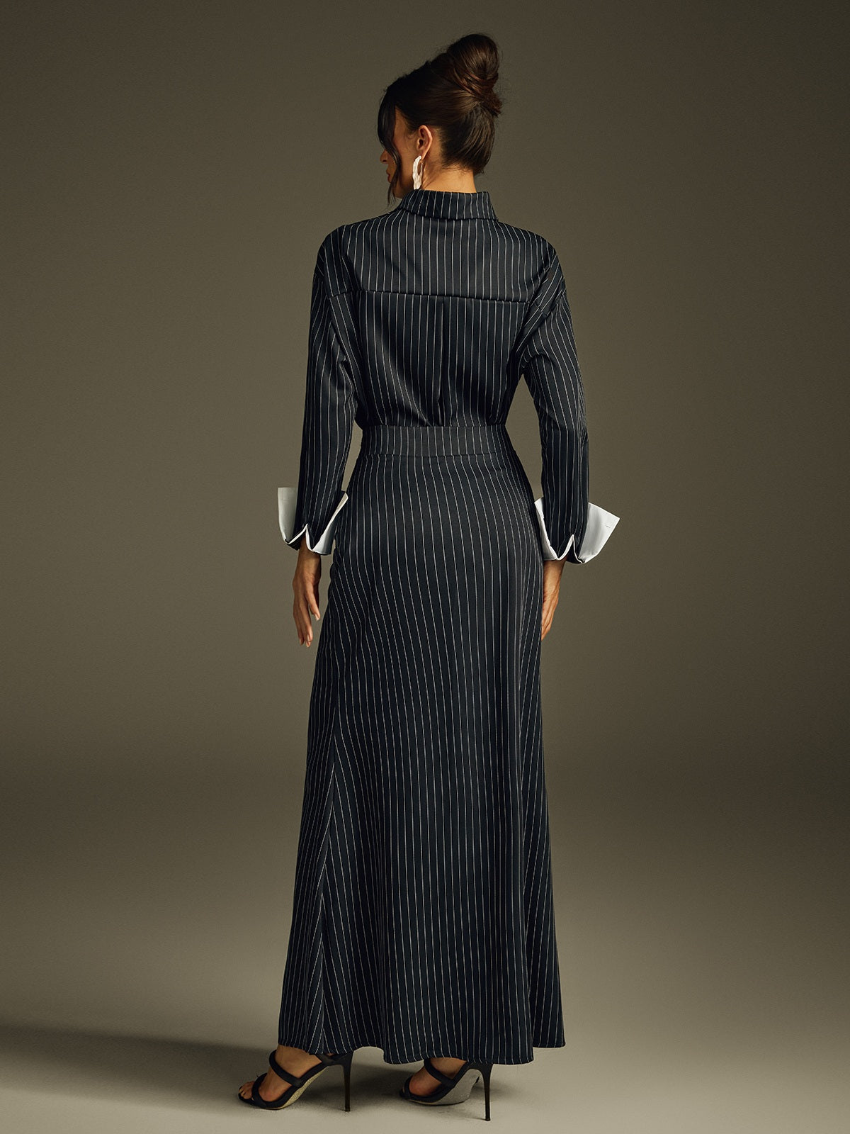 Hryixel Folded Collar Stripe Skirt Set