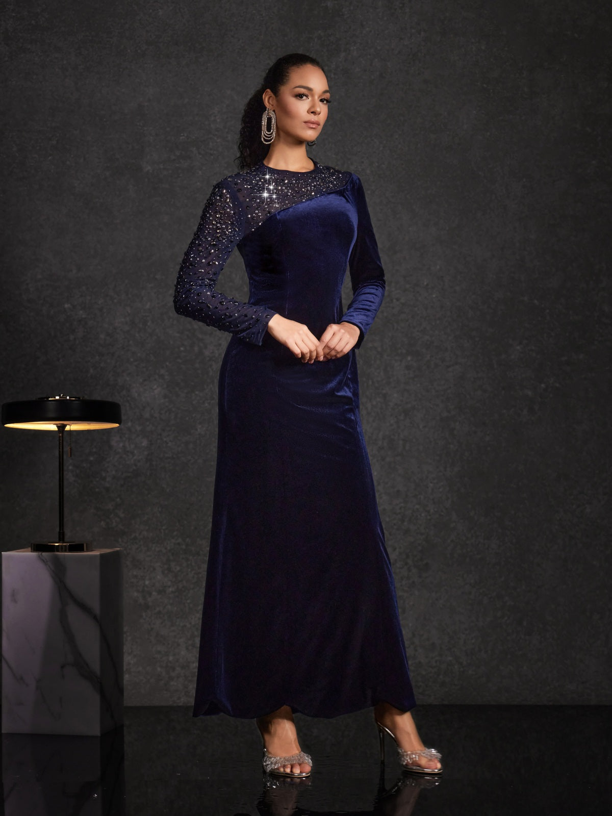 Hyalina Velvet Mesh Diamond Maxi Dress