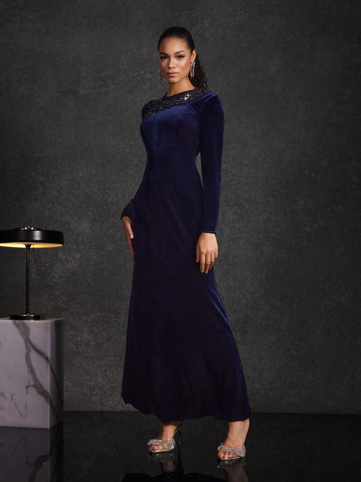 Hyalina Velvet Mesh Diamond Maxi Dress