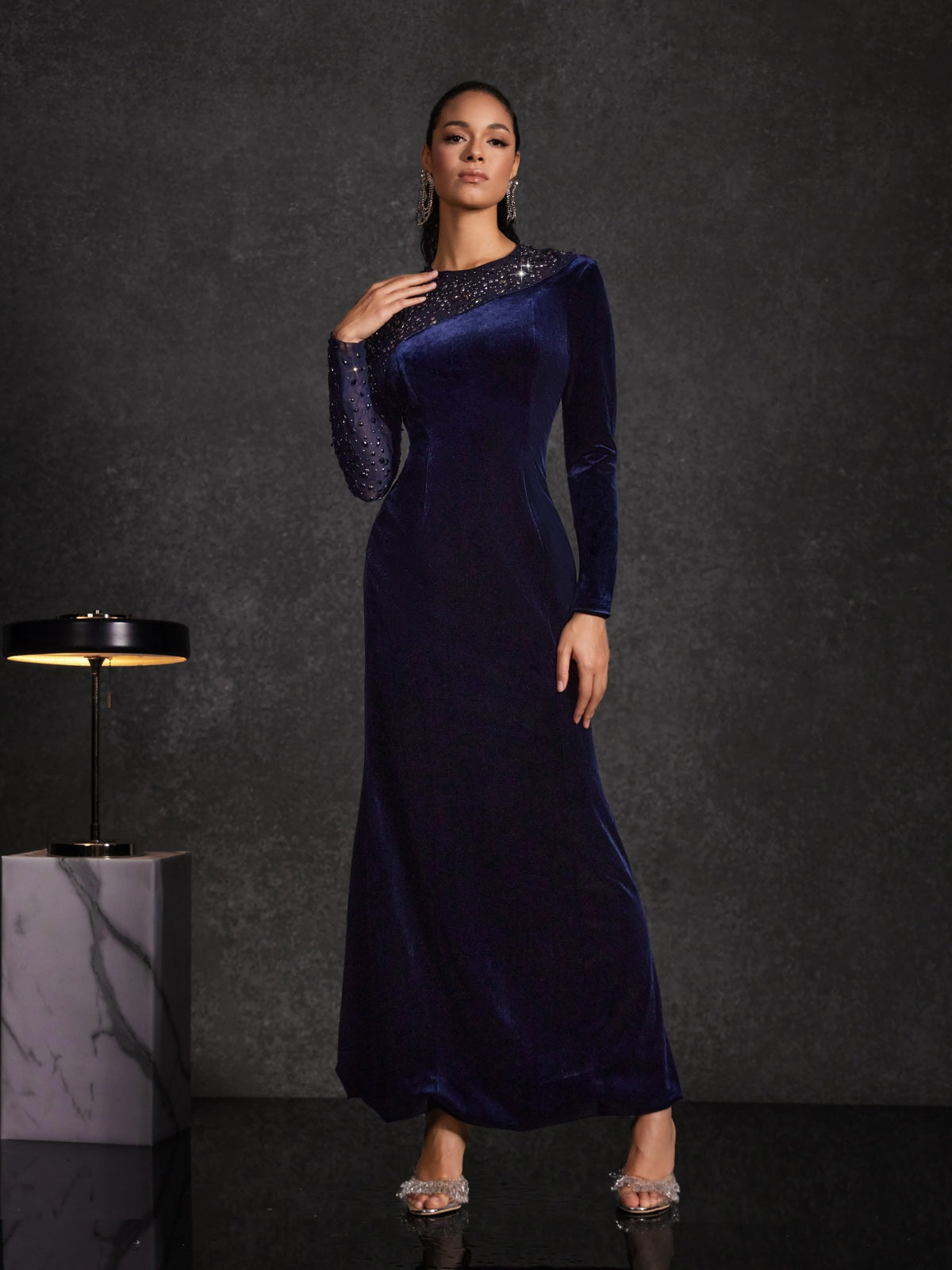 Hyalina Velvet Mesh Diamond Maxi Dress